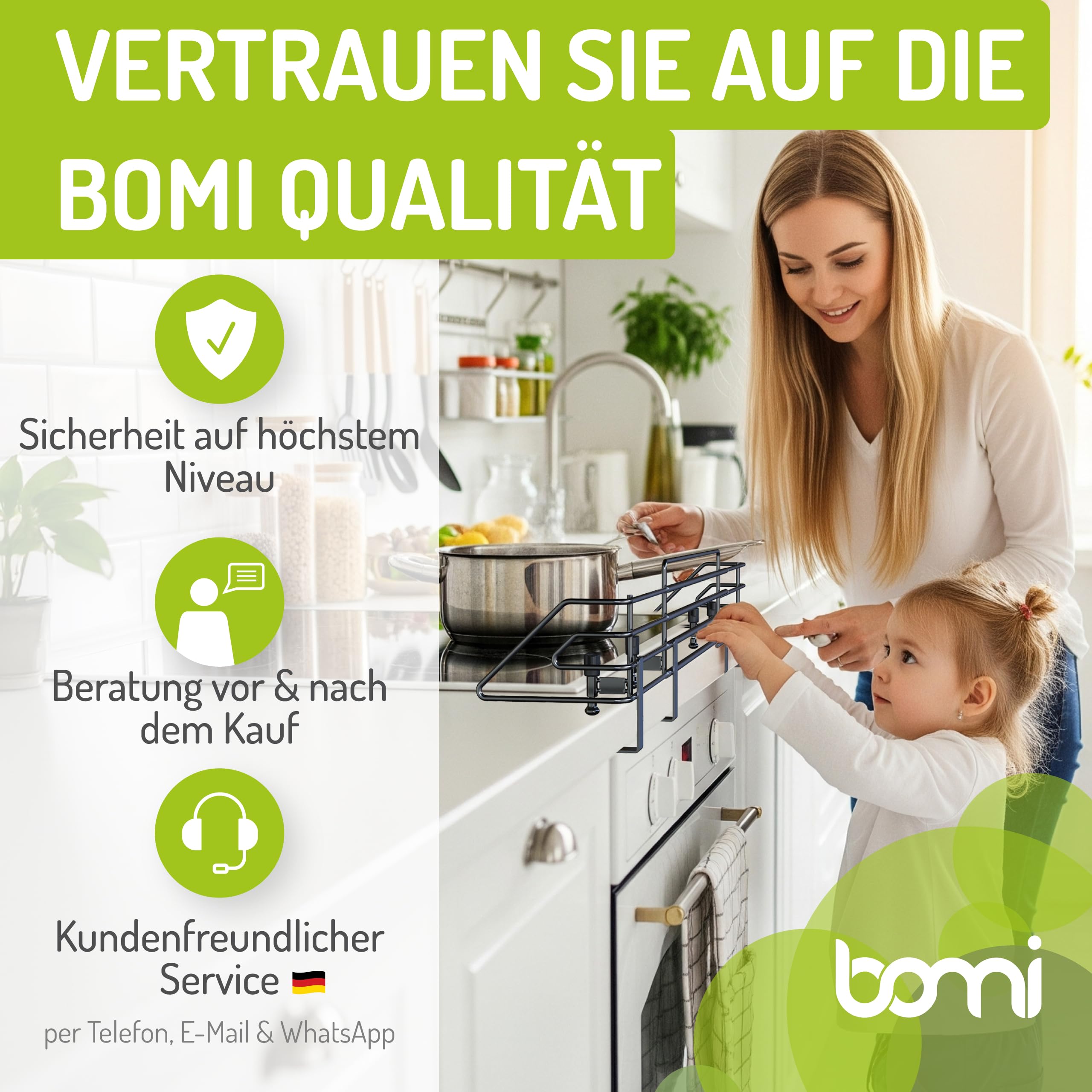 BOMI Herdschutzgitter Mowi ausziehbar von 64-110 cm zum Klemmen | Herdsicherung Ohne Bohren | Herdgitter spülmaschinenfest | Kinder Herdschutz Verstellbar | Kindersicherung Herd, Ceranfeld & Induktion
