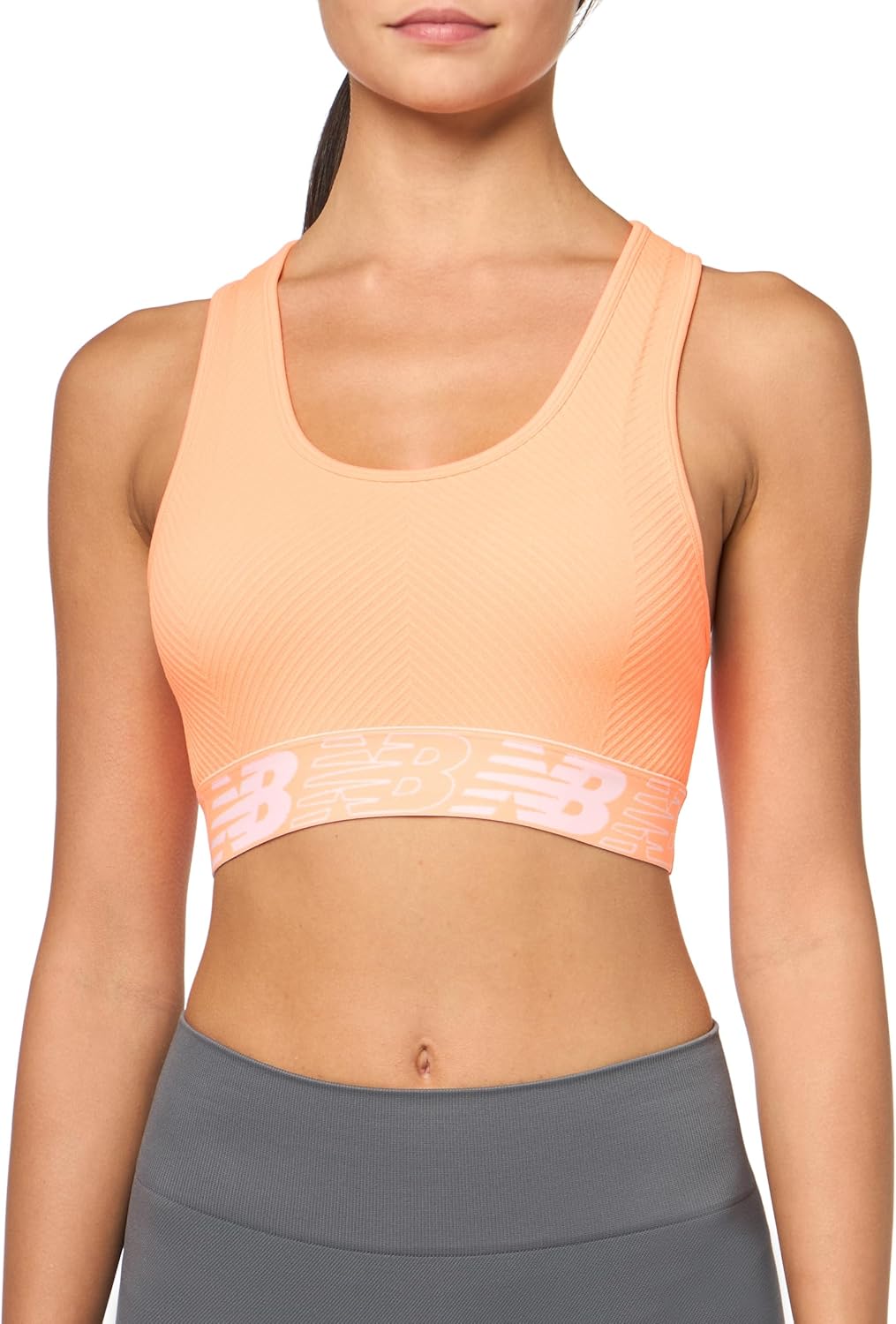 New Balance Womens Seamless Wirefree, Racerback Sports Bra with Removable Pads, Bottom Band with Logo
