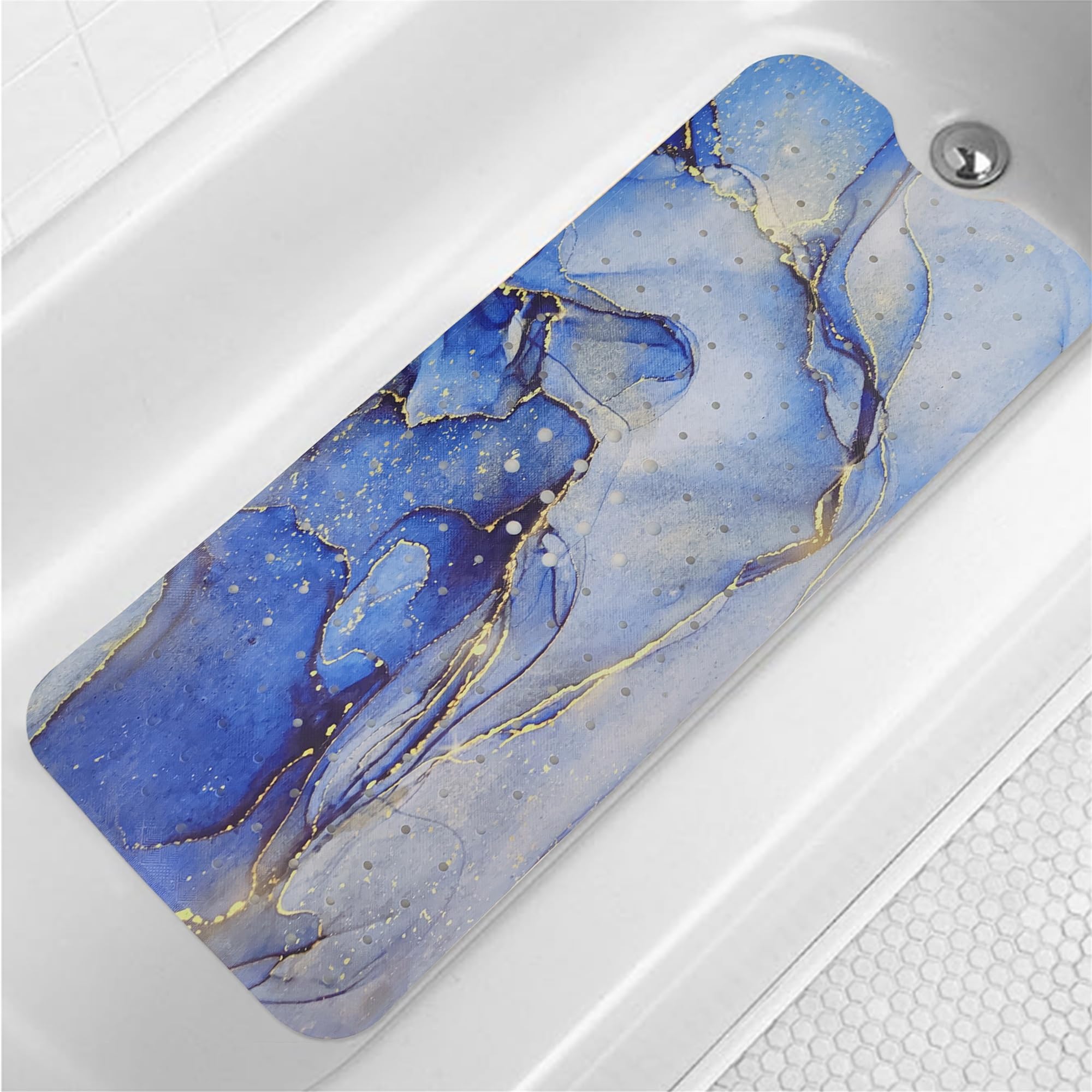 Blue Bathtub Mat Non Slip Marble Gold Line Extra Long Bath Mat for Tub Abstract Art Anti Slip Shower Mat for Bathroom with Large Drain Holes and