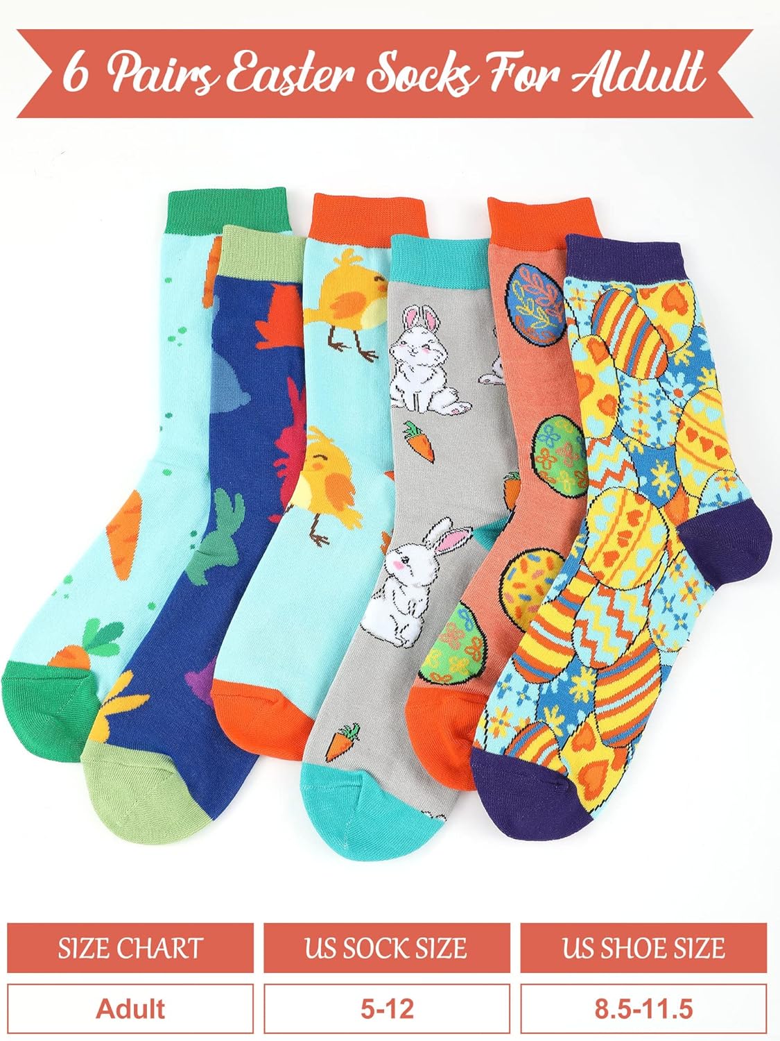 Jenaai 6 Pairs Easter Socks for Adult Print Crew Socks Novelty Rabbit Carrot Egg Chick Pattern for Easter Party Gift - Image 5