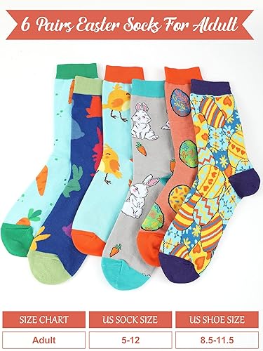 Miniatura 5 de Jenaai 6 pares de calcetines de Pascua para adultos, calcetines estampados novedosos con diseño de conejo, zanahoria, huevo, pollito para regalo de