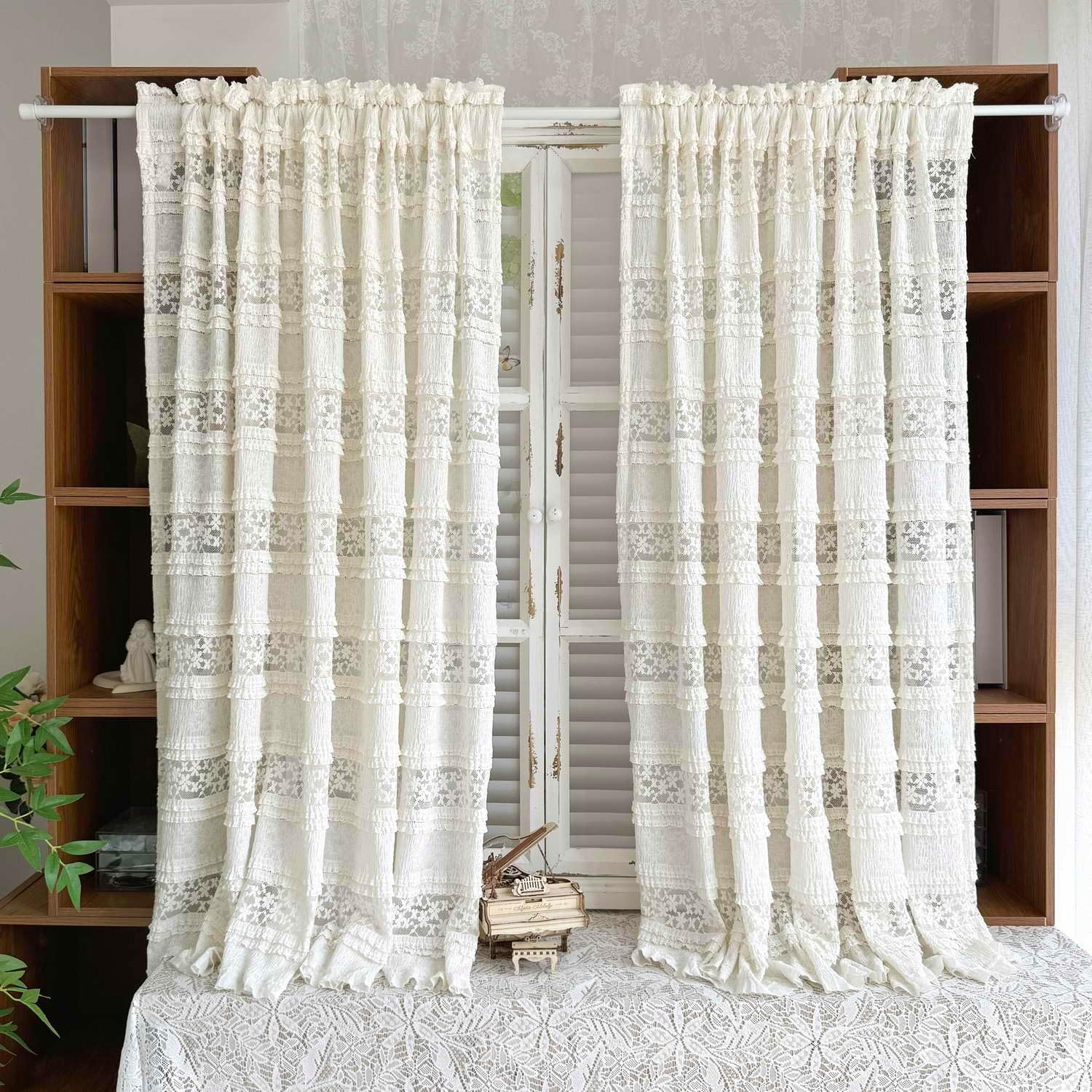 Gxi Ivory Lace Curtain for Dining Room Kitchen Embroidery Floral Semi Sheer Nursery Curtain Light Filter Vintage Rod Pocket Voile Window Drapes for Kids' Bedroom,2 Panels Each W79 X L49 inch