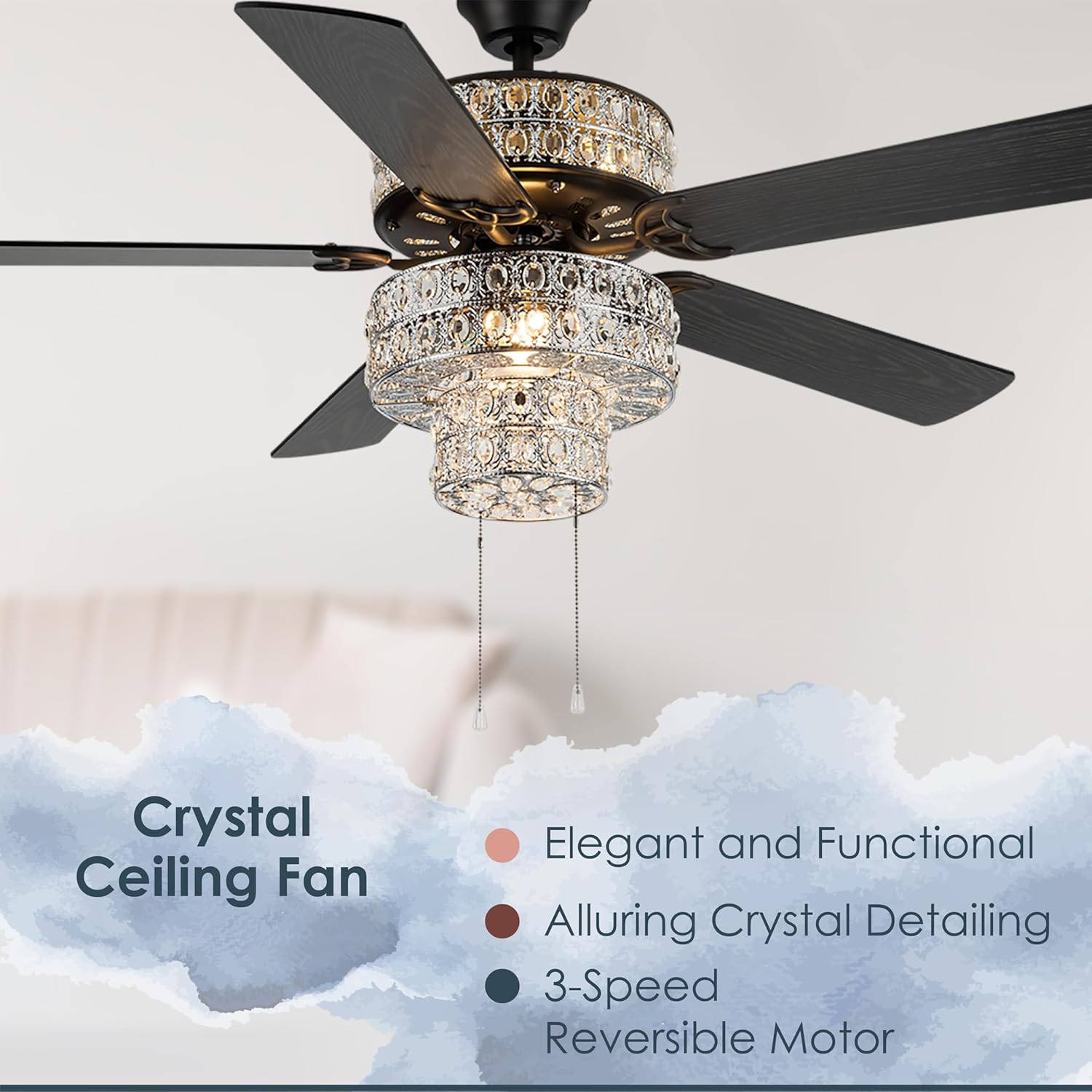 RIVER OF GOODS Double-Lit LED Ceiling Fan with Crystal Chandelier - 52" L x 52" W - Mahogany/Antique Black Fan Blades