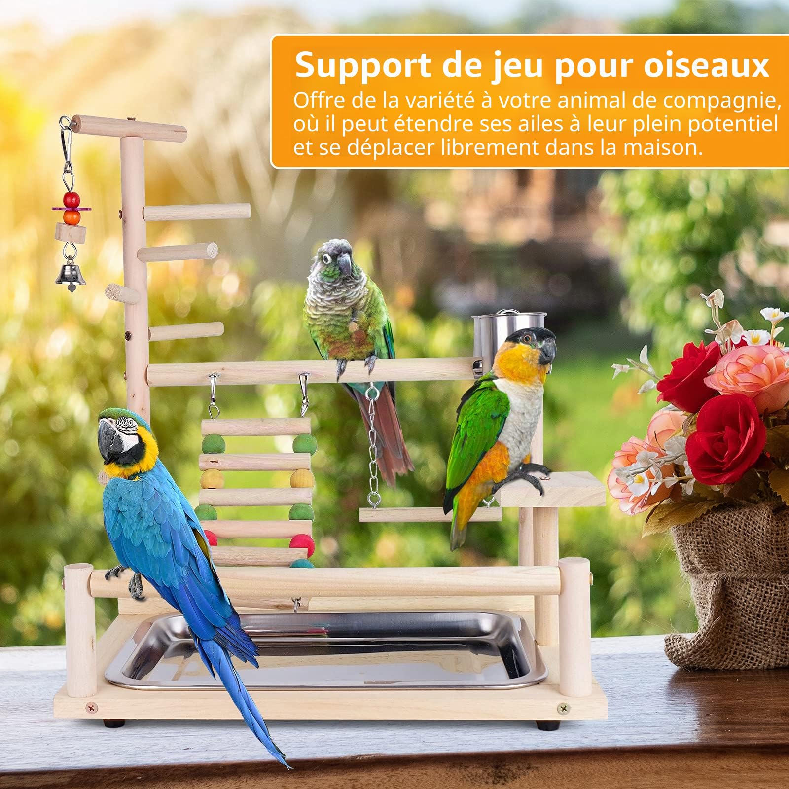 Aire de Jeux pour Perroquets, Jouets Oiseaux en Bois avec Mangeoire, Balancer, Jouet à Mâcher, Support de Jeu pour Perroquet pour Calopsittes, Conures, Perruches, Pinsons