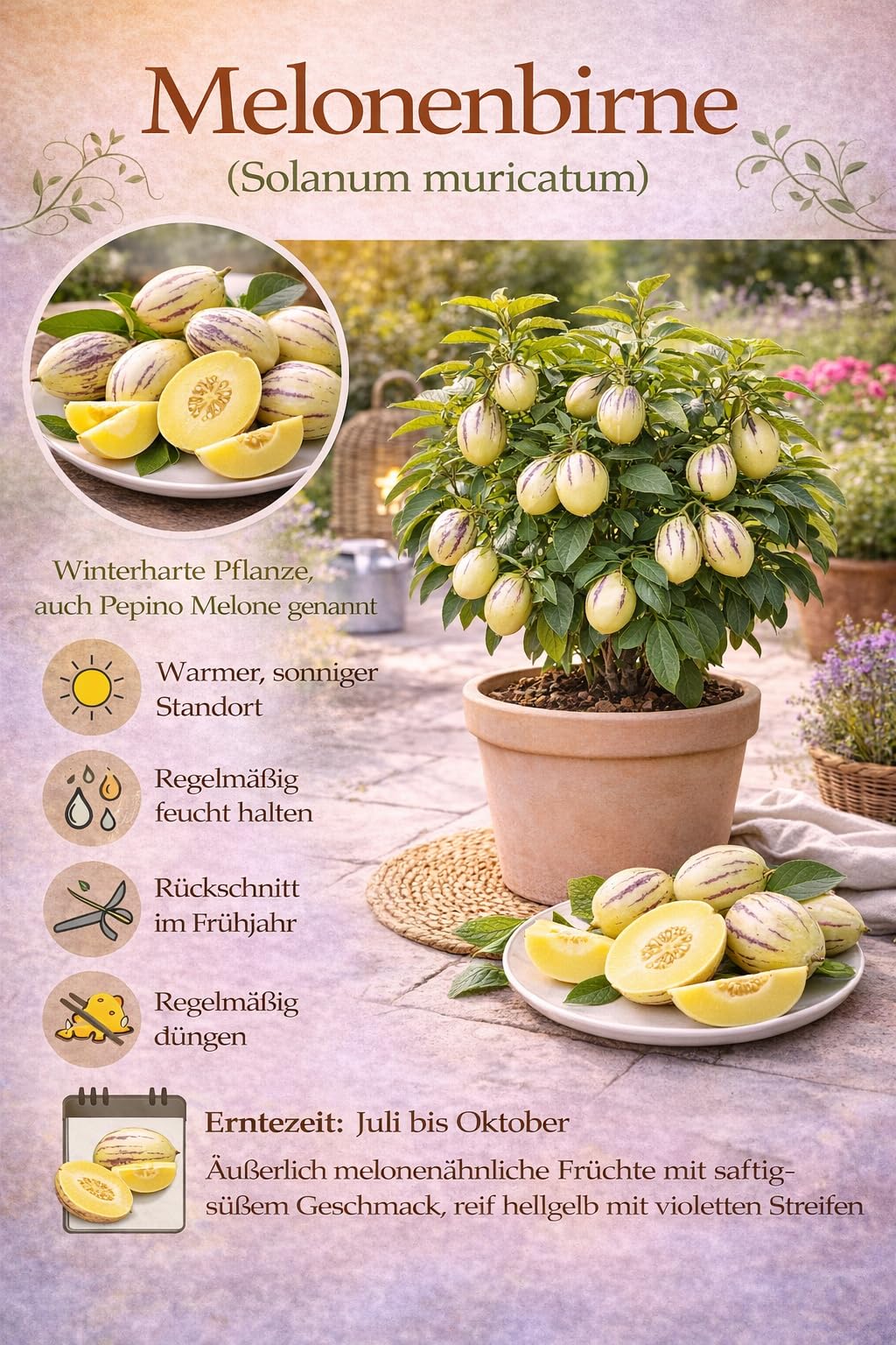 Solanum Pepino Gold 20-40 cm – słodka i aromatyczna gruszka melonowa, egzotyczna roślina owocowa do ogrodu i na balkon