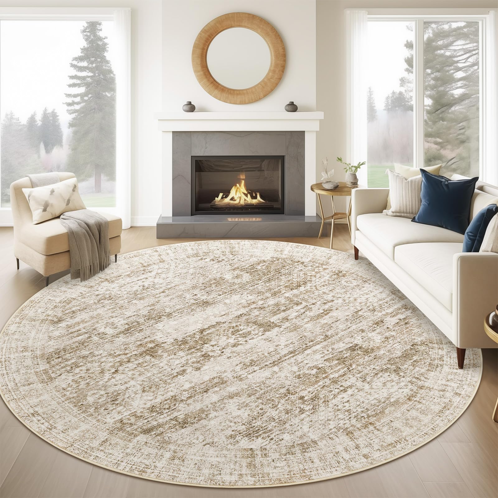 Soalmost 9x9 Brown Round Rug 9ft Living Room Circle Rug Vintage Round Area Rug Non Slip Indoor Carpet for Apartment