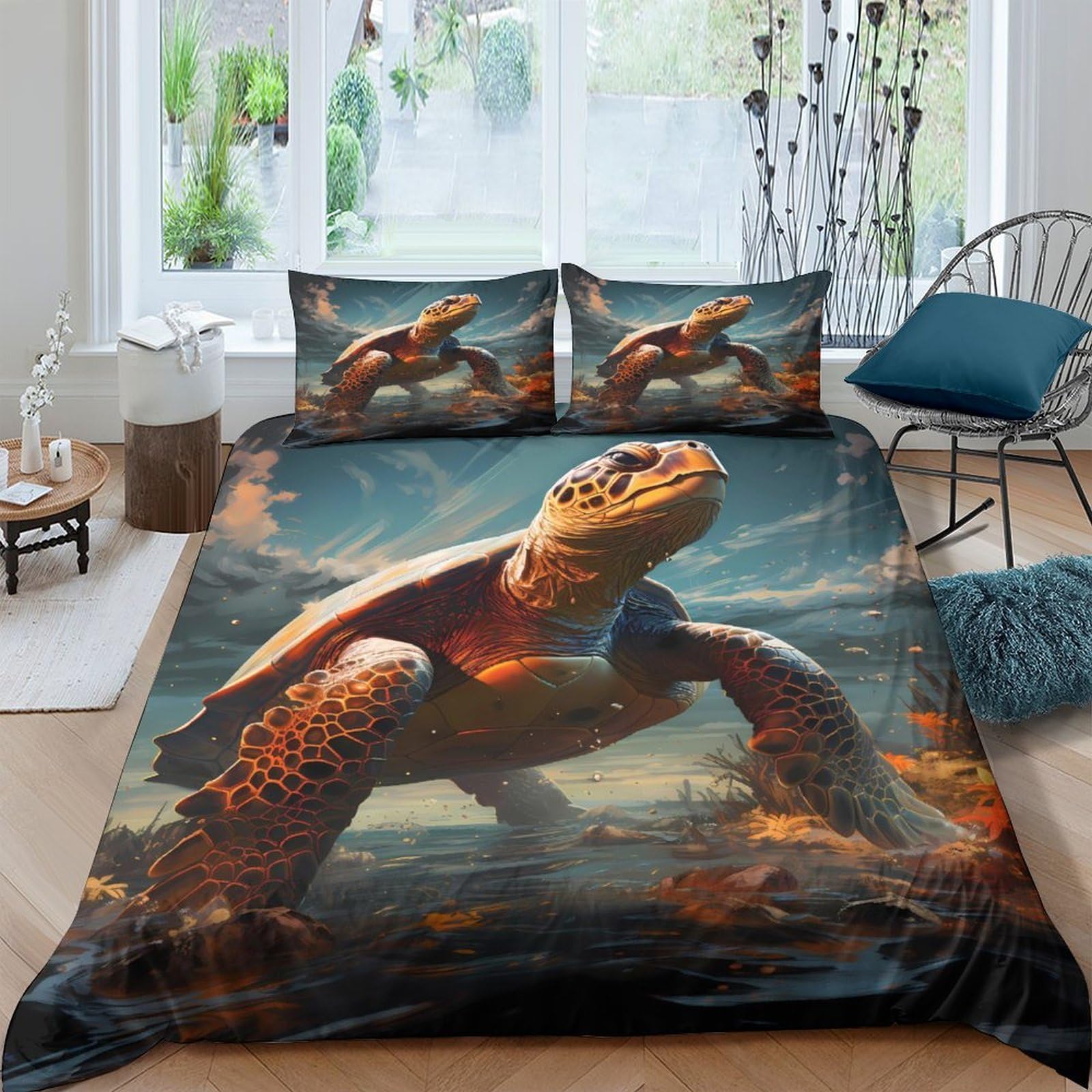 TUFRTGYHN 3D Printed Sea Turtle Ocean Duvet Cover Microfiber Soft Breathable Marine Animal Bedding Set with 2 Pillowcases for Bedroom Decor Single（135x200cm）