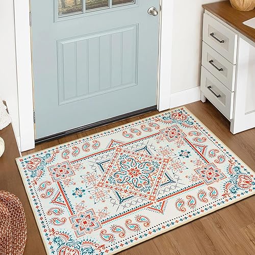 Miniatura 1 de Alfombra bohemia lavable de 2 x 3 pies, alfombra bohemia para puerta, suelo de cocina, entrada, antideslizante que no desprende pelusa, con parte