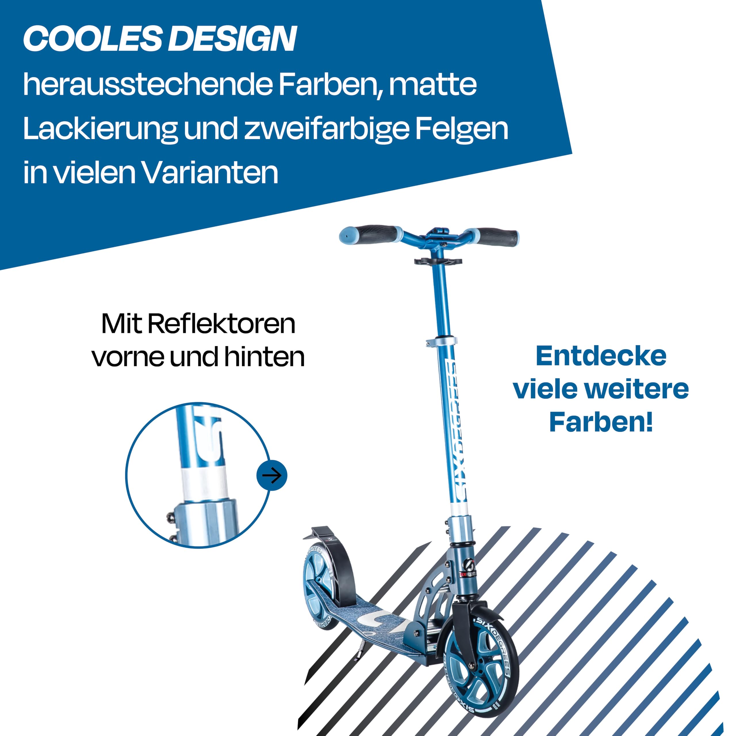 Six Degrees Aluminium Scooter mit Klappmechanismus, Ständer, 205 mm TESTSIEGER, ABEC 7, höhenverstellbar, GS-geprüft