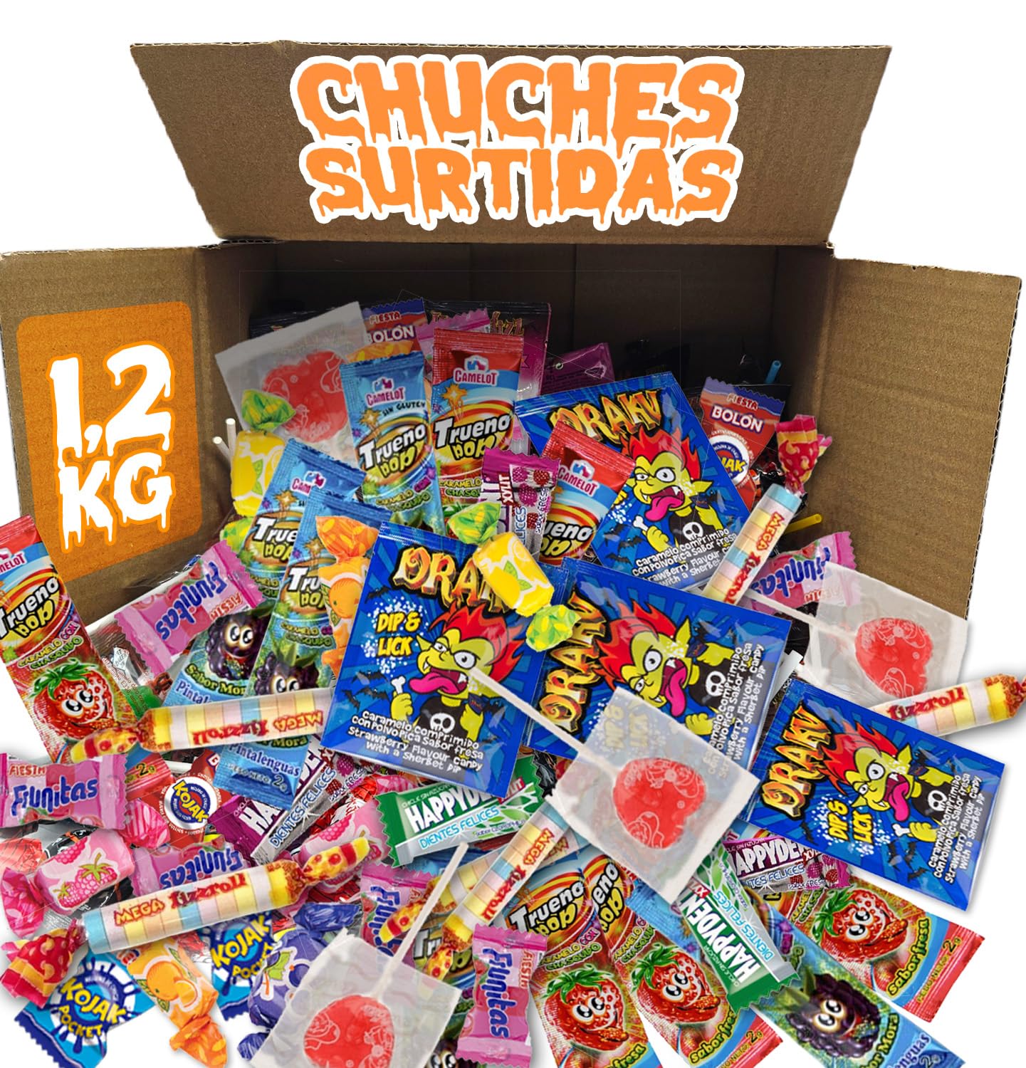 Caja Regalo Original Chuches y Caramelos Surtidos 1,2kg - Pack Golosinas Variadas con Frunitas, Kojak, Piruletas, Peta Zeta, Chicles y Más - Regalo Dulces