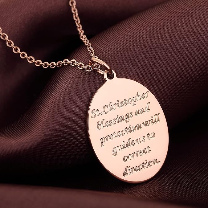 jiamiaoi St Christopher Necklace Round/Oval St Christopher/Jesus Medal Necklace for Men Women, Personalized Engraved Round Medallion Antiqued Religious Protector Talisman Pendant, Silver/Gold/Rose Gold