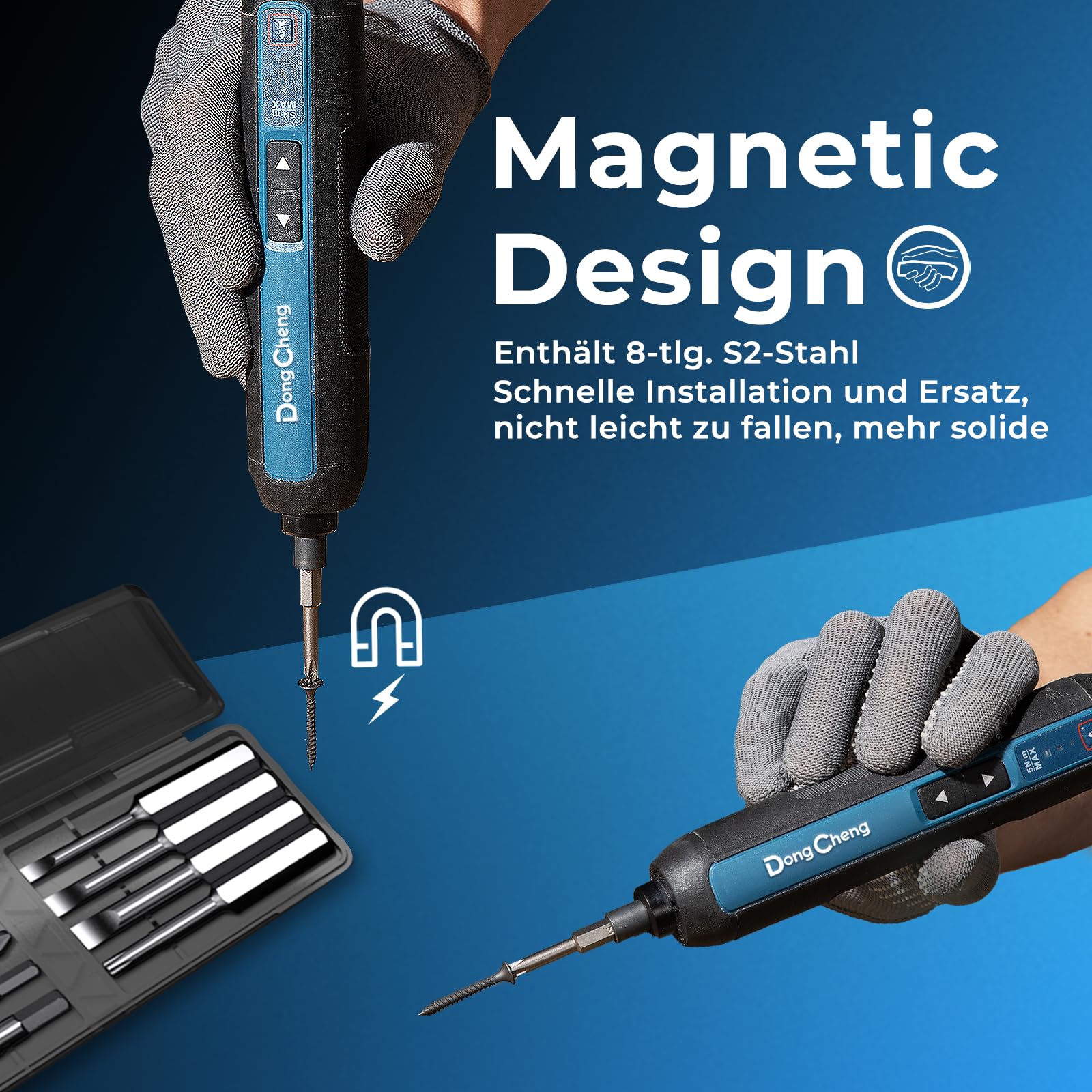 DongCheng Mini Akkuschrauber, 4V Akkuschrauber klein, 2000 mAh Lithium-Ionen-Akku, 3 Drehmoment, max. 5Nm, LED-Licht, 8-tlg. S2-Stahl Bits, ideal für Heimwerken und Reparaturen