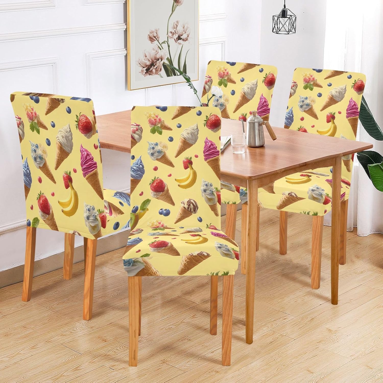 ALAZA Chair Covers for Dining Room, Ice Cream Banana Strawberry Pattern Stretch Chair Cover Sets Chair Protector Removable Washable for Ktichen Restaurant Hotel