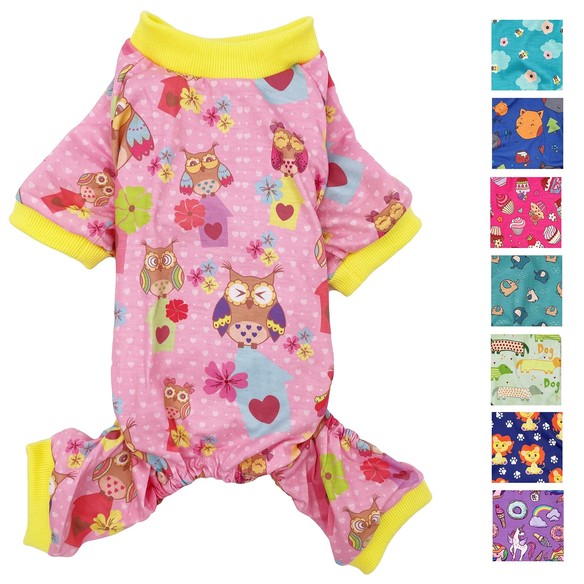 Dog Pajamas Soft Cotton Blend Jumpsuit Cute Pet Clothes for Small Medium Pet (Pink Owls, XXS: Length 8", Chest 10" - 12")