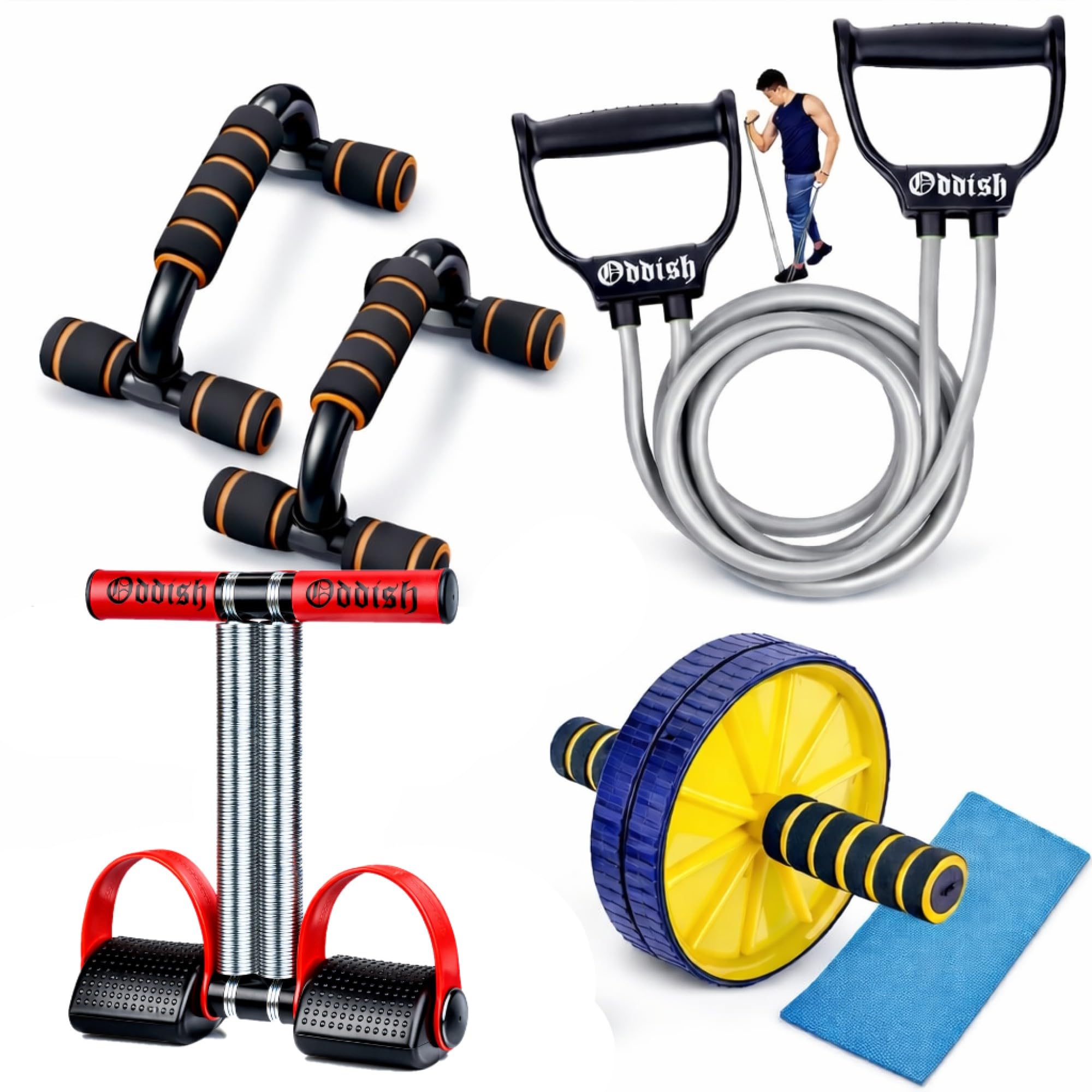 ODDISH Way to Fitness 4-in-1 Home Gym Fitness Combo | Tummy Trimmer with Comfortable Foam Grip Handle, Ab Roller Wheel with Knee Mat, Resistance Tube & Push-Up Bars For Man and women
