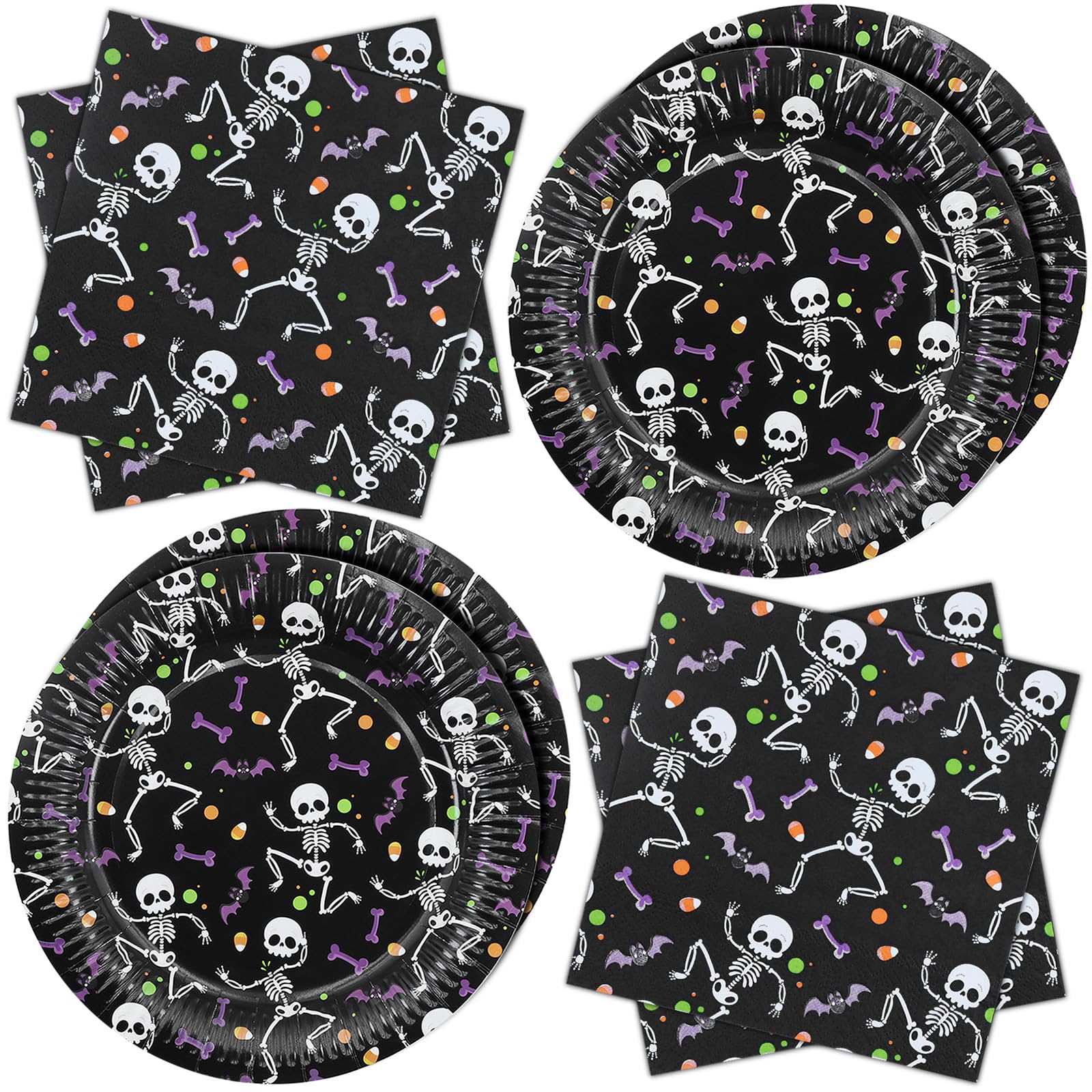 ZVK Halloween Party Paper Plates and Napkins Set Skeleton 40 Pieces Black Disposable Tableware Party Supplies