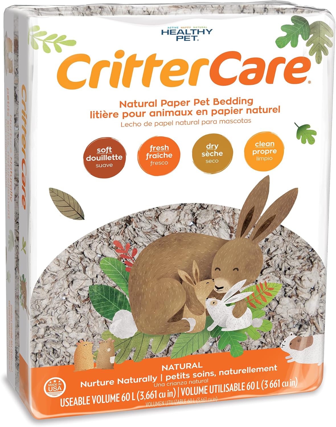 CritterCare Natural Paper Small Pet Animal Bedding – Odor Control, Unscented, 99% Dust Free, Super Absorbent, Natural, 60L, Great for Rabbits, Guinea Pigs, Hamsters, Gerbils, Mice, Rats