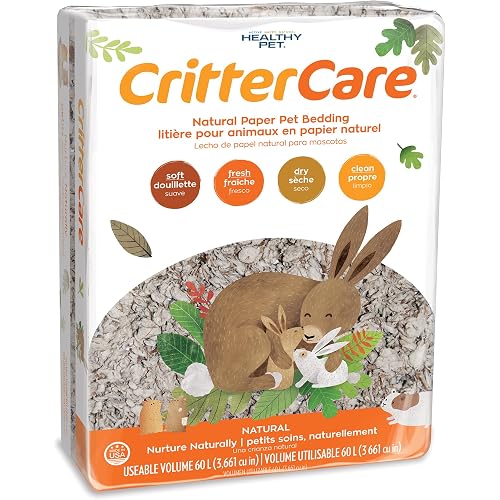 CritterCare Natural Paper Small Pet Bedding - Odor Control, Unscented, 99% Dust Free, Super Absorbent, Natural, 60L, Great for Guinea Pig Bedding, Rabbits, Hamsters, Gerbils, Mice, Rats