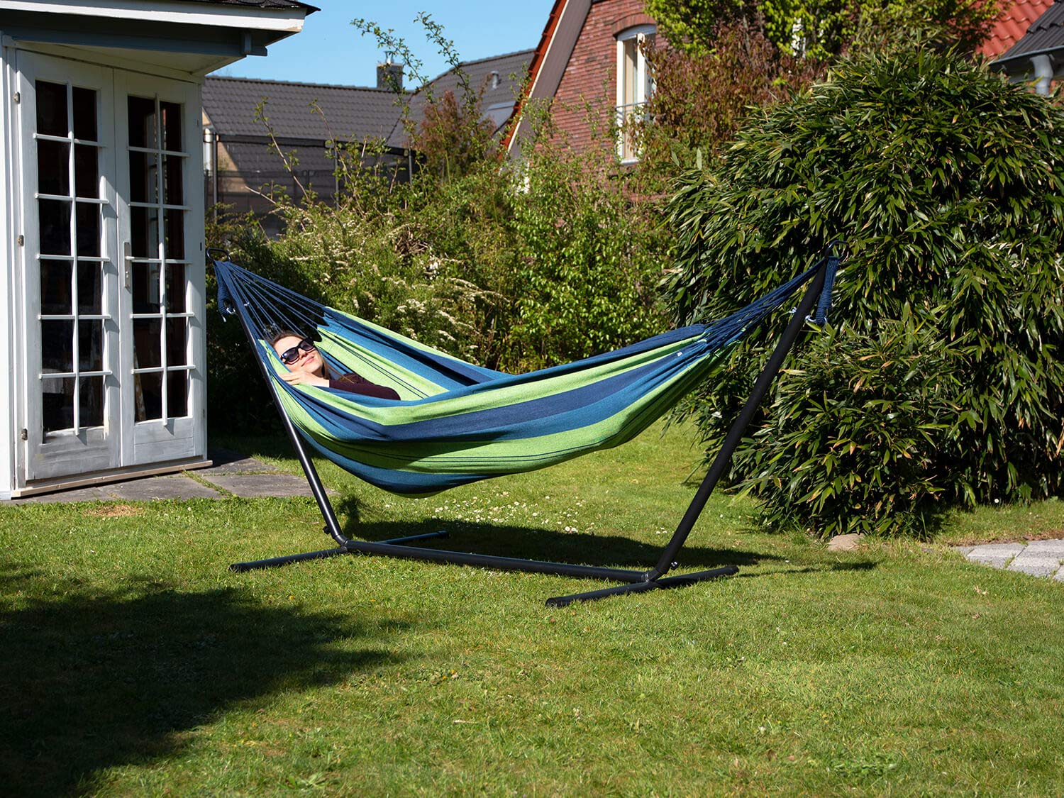 Livinxs Doppel Hängematte mit Stahlgestell und praktischer Tragetasche | Platz für Zwei Personen | Perfekt für Garten, Balkon oder Terrasse | Hohe Belastbarkeit (Lagoon)