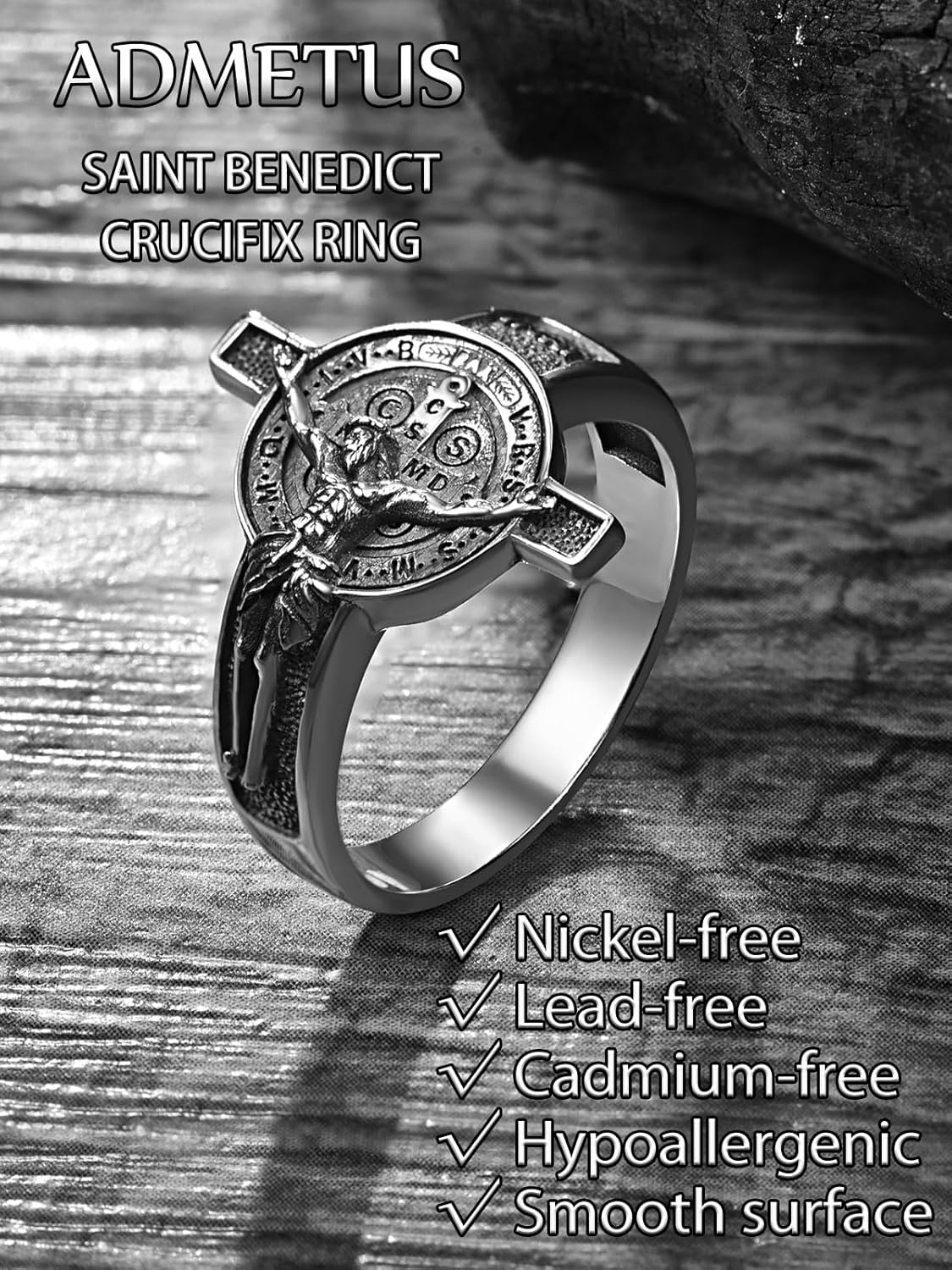 ADMETUS 925 Sterling Silver St Benedict Crucifix Ring Jesus Cross Band Rings for Men Protection Jewelry Religious Size 5-15