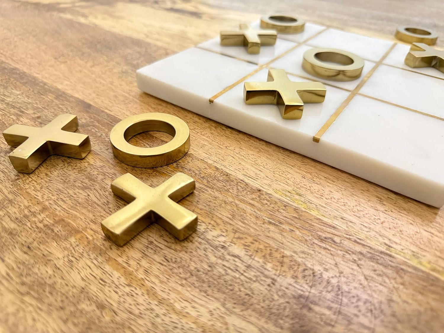 Marble Tic Tac Toe Game, 8x8 Premium Handcrafted Natural Marble Board Game, Modern Coffee Table and Home Decor, Perfect for Living Room, Unique Gift, Decorative Board Game Set, White and Gold XO