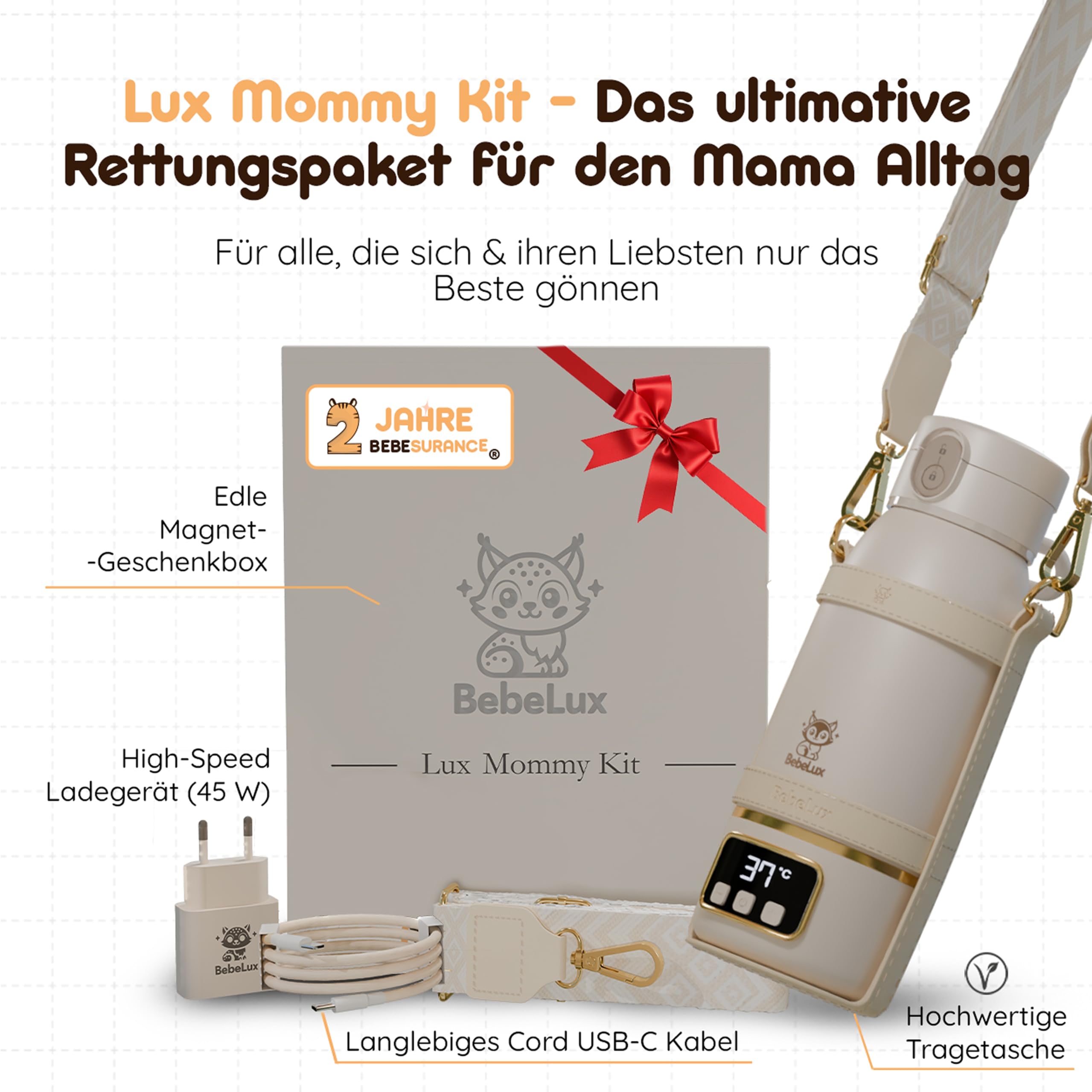 BEBELUX BebeWarm V2 Lux Mommy Kit - Calentador de biberones | Temperatura perfecta en dos minutos, hasta 500 ml, batería, USB-C, juego de accesorios, color beige