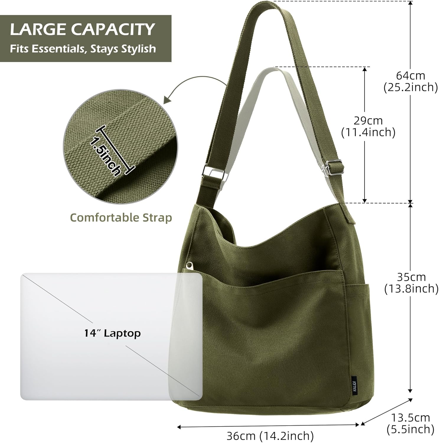 KALIDI Canvas Tote Bag Large Hobo Crossbody Shoulder Handbag Zipper Messenger Bag for Women or Men Casual College Work - Image 5