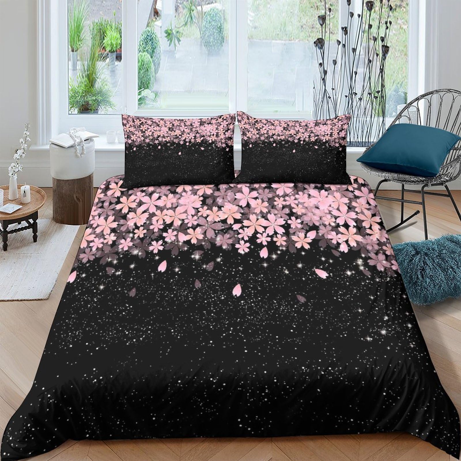 Ctjqhvkz Style-6 3D Printed Sakura Blossom Fitted Sheet Microfiber Black Pink Petal Bed Cover For Bedroom Dorm Mattress Decor Single（135X200cm）