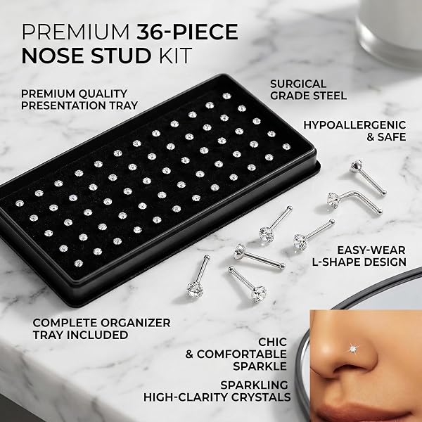 60 PCS Piercing Naso in Acciaio Inossidabile Forma Cristallo 1.5mm Ipoallergenico Orecchini per Il Naso Barretta Dritta Lucida Elegante per Uso Quotidiano - 5