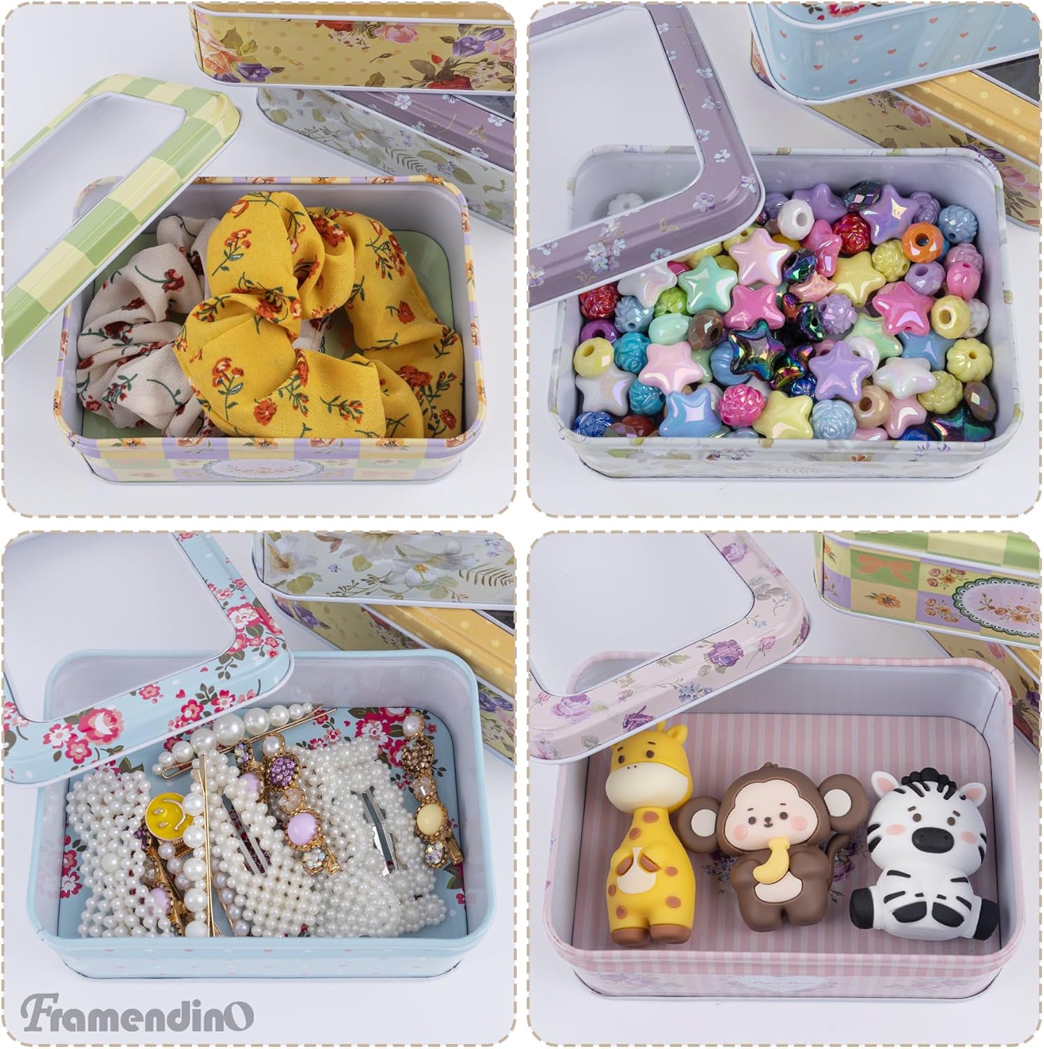 Framendino, 6 Pack Metal Rectangular Tin Boxes Containers Floral Tinplate Organizer With Clear Window for Jewelry Storage Case