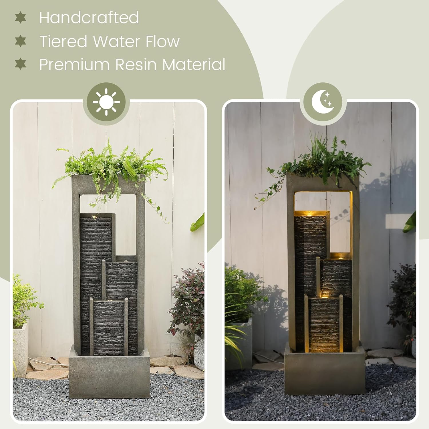 Indoor Waterfall Fountain, 52" Modern Tiered Indoor Water Feature with LED Lights, Resin Freestanding Garden Water Fountain for Patio, Room Decor Backyard Waterfall Feature, Gray Stone Look