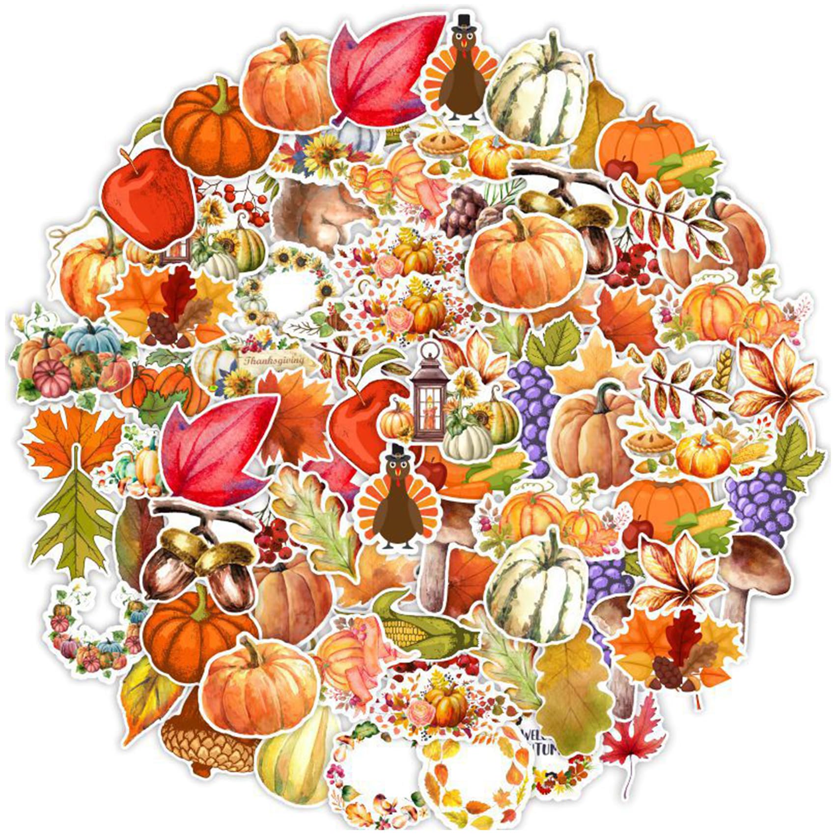 Maomaocha Colorful 50 Pcs Thanksgiving Fall Stickers, Autumn Pumpkin Maple Leaf Waterproof Vinyl Stickers Decals For Water Bottles Luggage Cards Envelopes Scrapbook Laptop Gift Party Decoration For Kids Teens