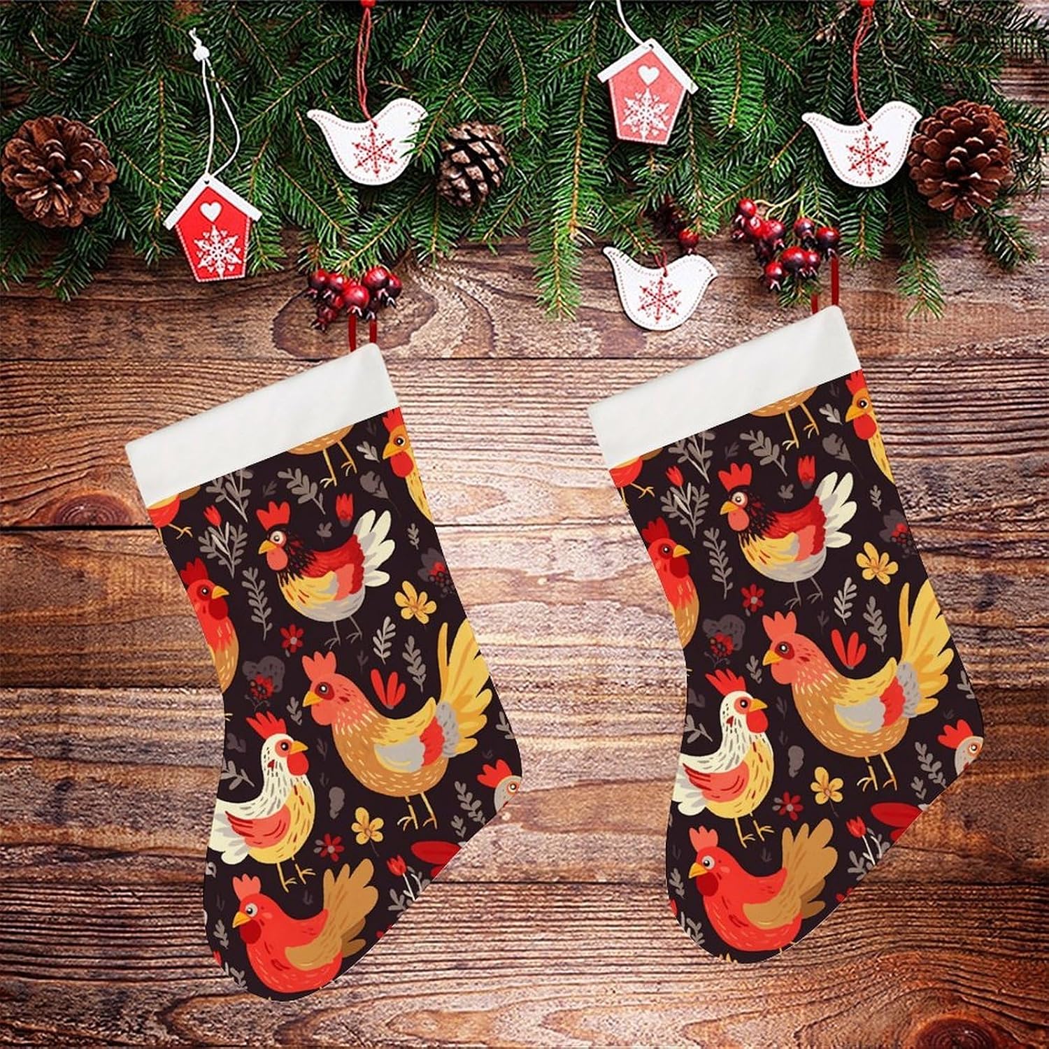 Christmas Stockings - Cute Rooster Chickens Large Xmas Socks, Soft Plush Fireplace Stocking with Hanging Loop, Santa Holiday Decor for Family Party Christmas Tree Decorations