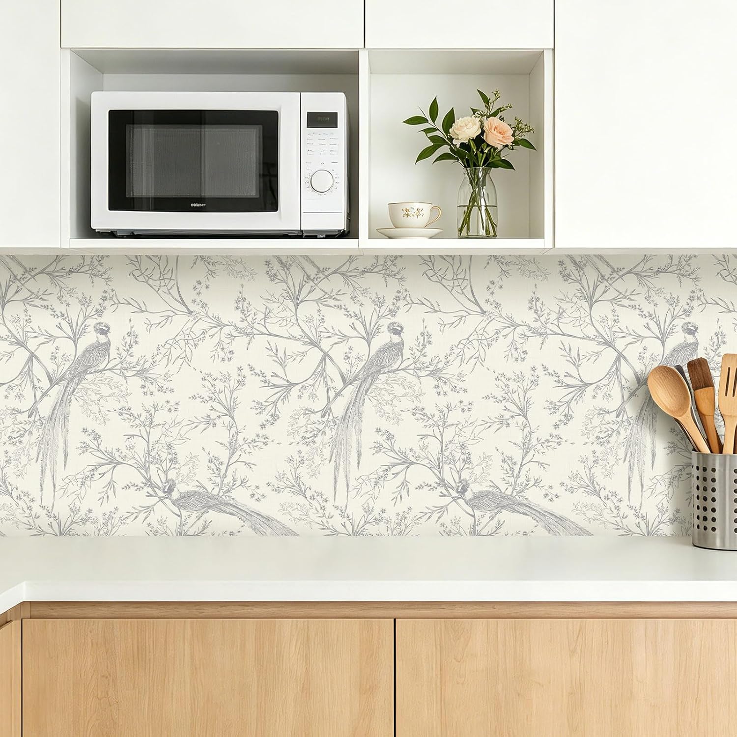 Stickyart Cream Grey Bird Wallpaper Peel and Stick Vintage French Toile Wallpaper Cottagecore Birds Botanical Branch Contact Paper Elegant Neutral Gray Bird Wall Paper for Nursery Bedroom 17.5"x276"