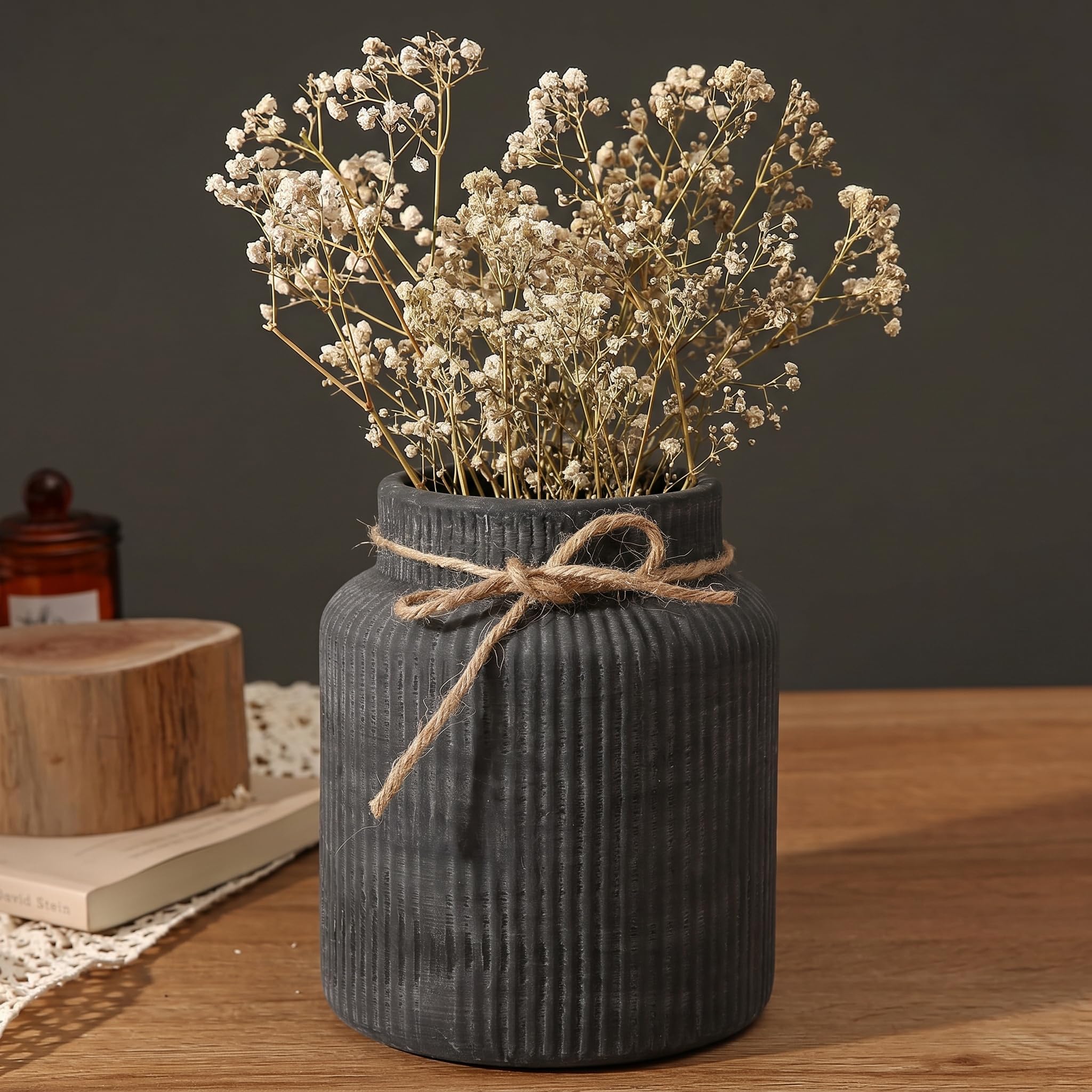 KRYSTHIA Schwarze Keramikvase, große dekorative Vase für Blumen, Bauernhaus-Terrakotta-Vasen für Heimdekoration, rustikale Vintage-Vasen für Wohnzimmer, Küche, Schlafzimmer, Büro, Couchtisch, 18 cm