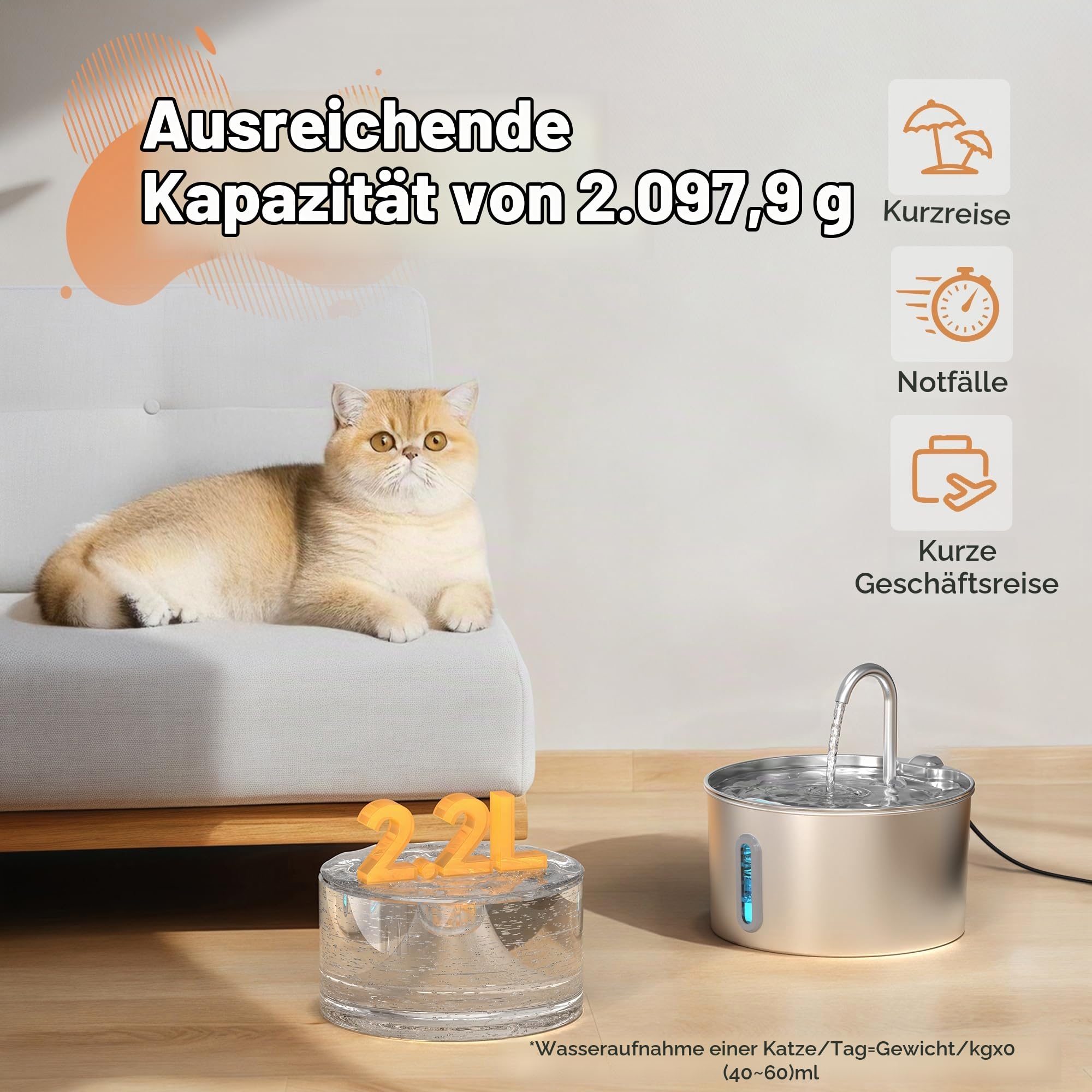 2,2 L Katzenbrunnen Edelstahl Trinkbrunnen für Katze 6 Filter + 3 Schwämme | Automatic Katzentrinkbrunnen mit Wasserstandsfenster, Wasserhahn, Ultra-Leise Pumpe, Haustierbrunnen für Kleine Hunde