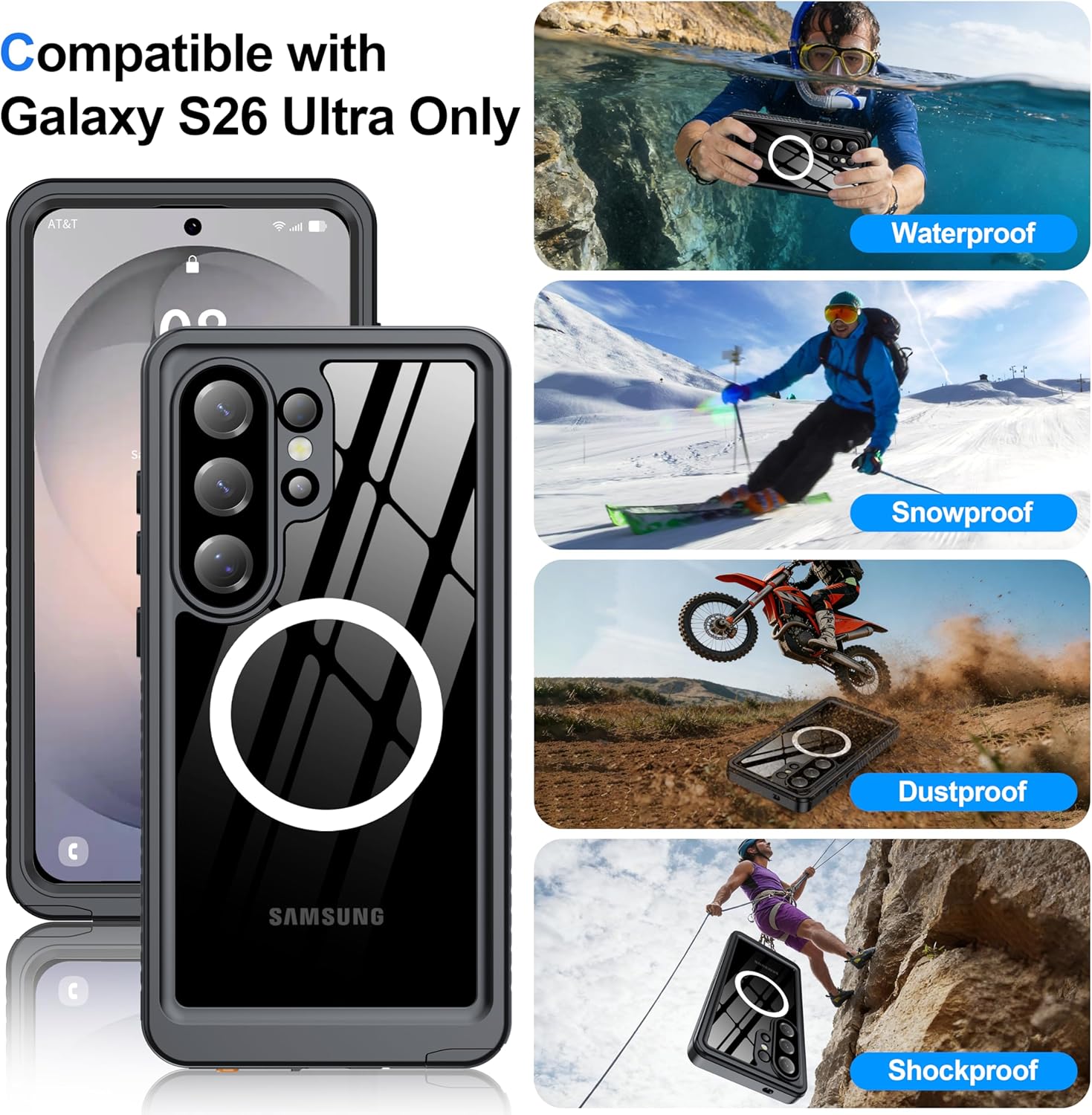 ANTSHARE IP68 Waterproof Case for Samsung Galaxy S26 Ultra [2026] - MagSafe Compatible, Built-in Screen/Lens Protector - Shockproof Full Body Protection for Swimming/Outdoor, Black/Clear