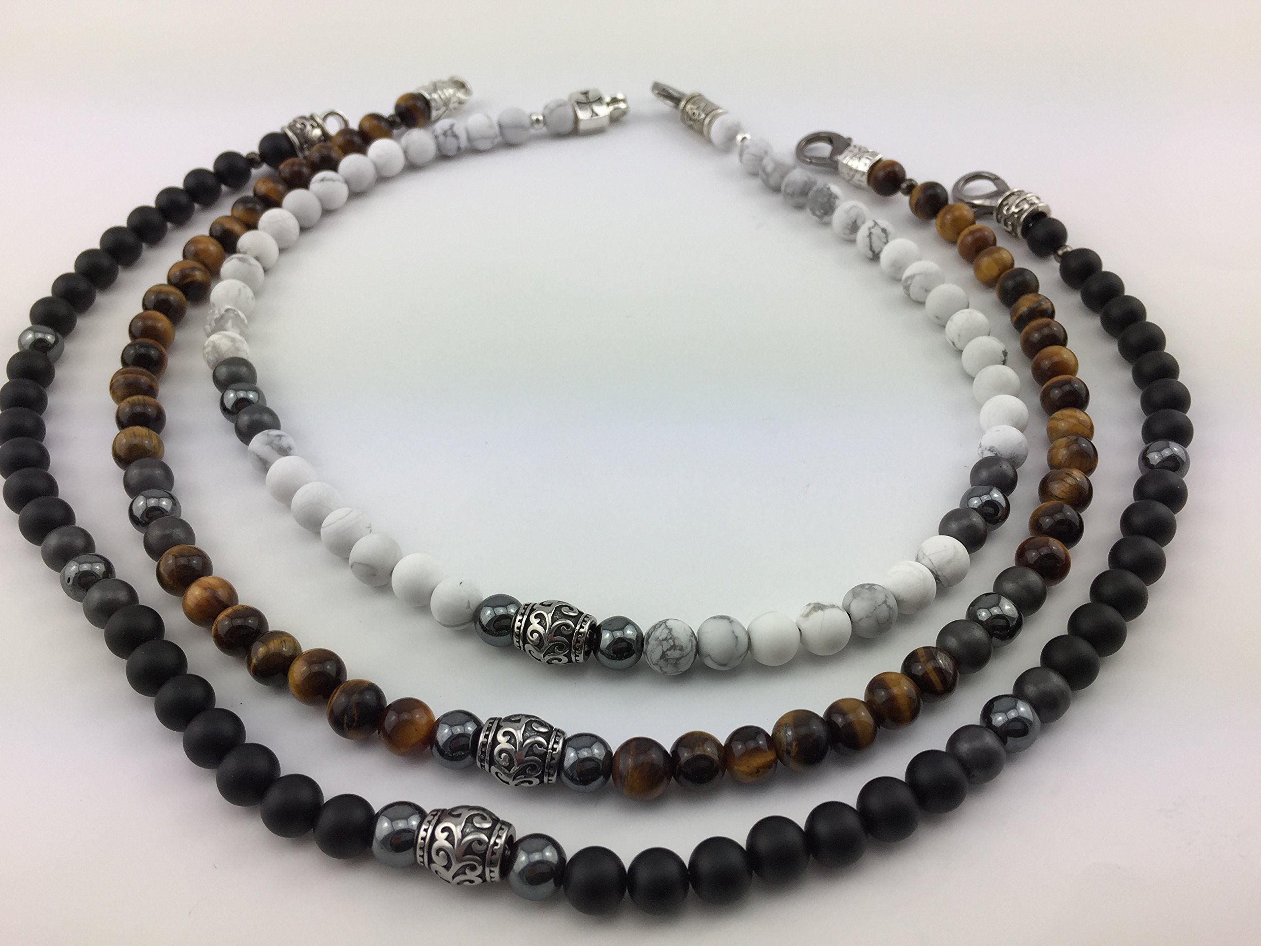 kurze Halskette Kette Rundkette aus Perlen Onyx Hämatit matt schwarz für Herren Männer Schmuck Biker Surfer Rocker Business-Style Edelstahl K82