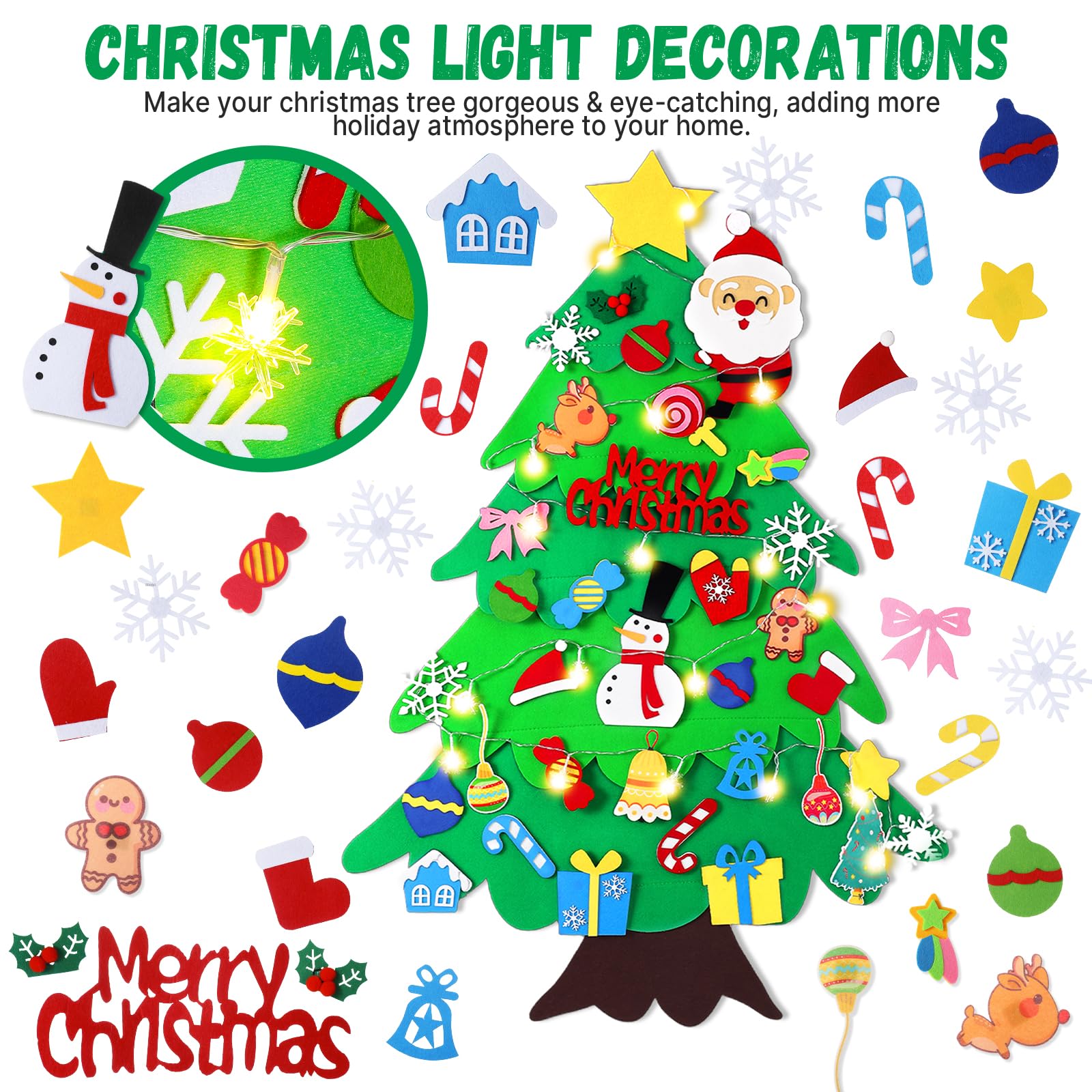 Filz-Weihnachtsbaum für Kinder – 100 cm Wandfilz-Weihnachtsbaum für Kleinkinder mit Lichtern und 34 Ornamenten, DIY Weihnachtsdekorationen
