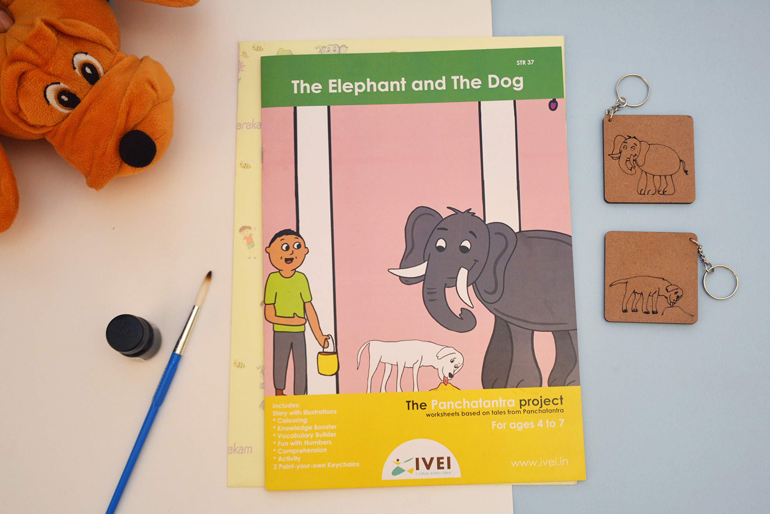 IVEI Panchatantra Story Kids Learning Book - Workbook and 2 DIY Keychains - Colouring Activity Worksheets - Creative Fun Activity and Education for Kids - The Elephant and The Dog (Age 4 to 7 Years) - Image 2 thumbnail