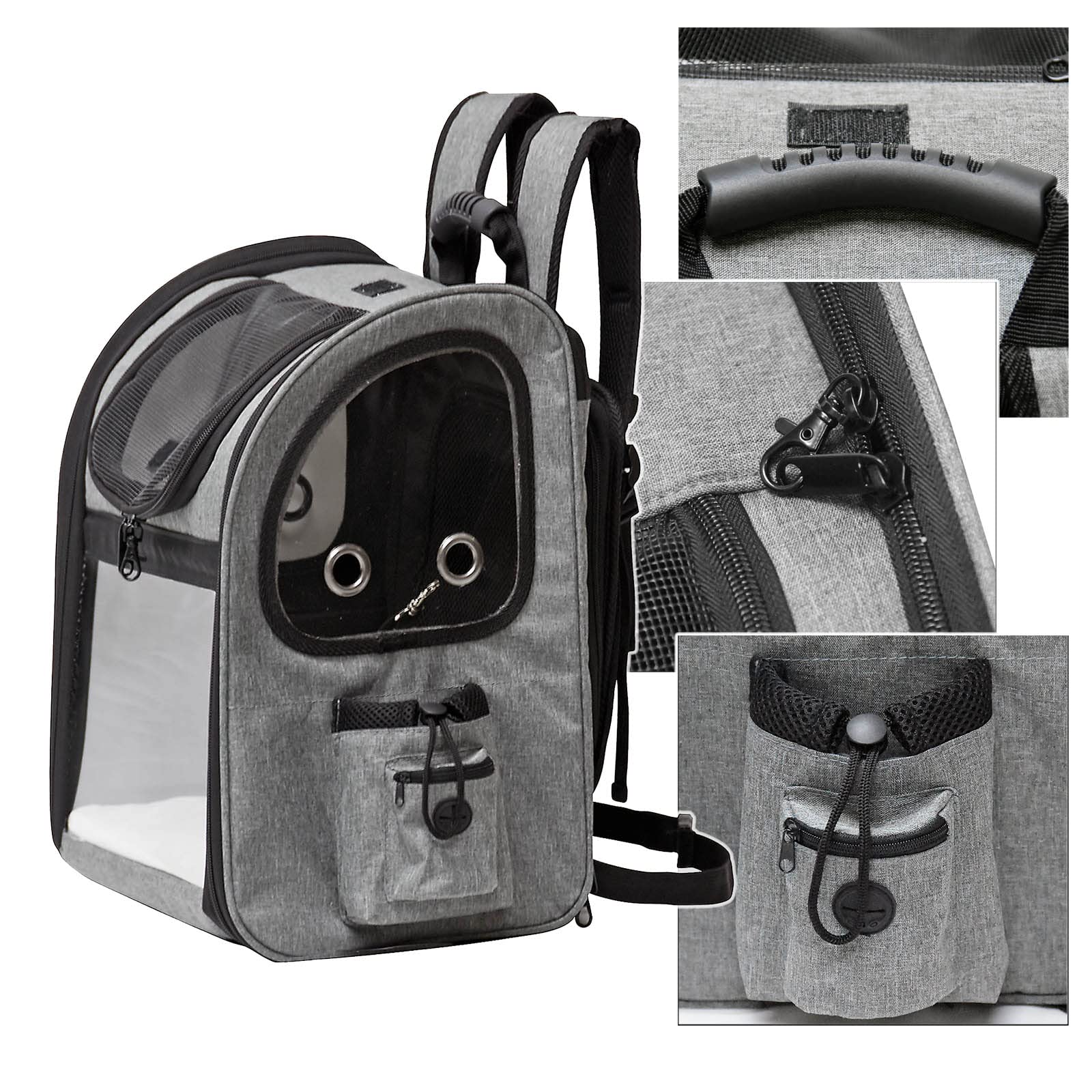 Fudajo Ausziehbarer Haustier Rucksack 27x35,5x41,5 cm bis 6kg, Hunderucksack, Katzenrucksack mit Netz und Fenstern, Schwarz und Grau