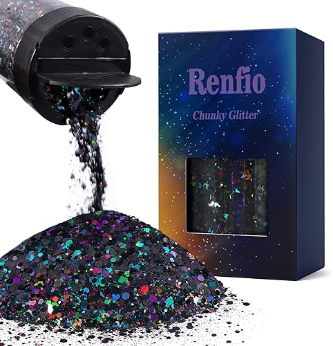 Renfio Purpurina gruesa holográfica, 5.64 onzas, 5.64 oz, polvo de purpurina extrafina, mezcla de lentejuelas gruesas de PET a granel para arte de