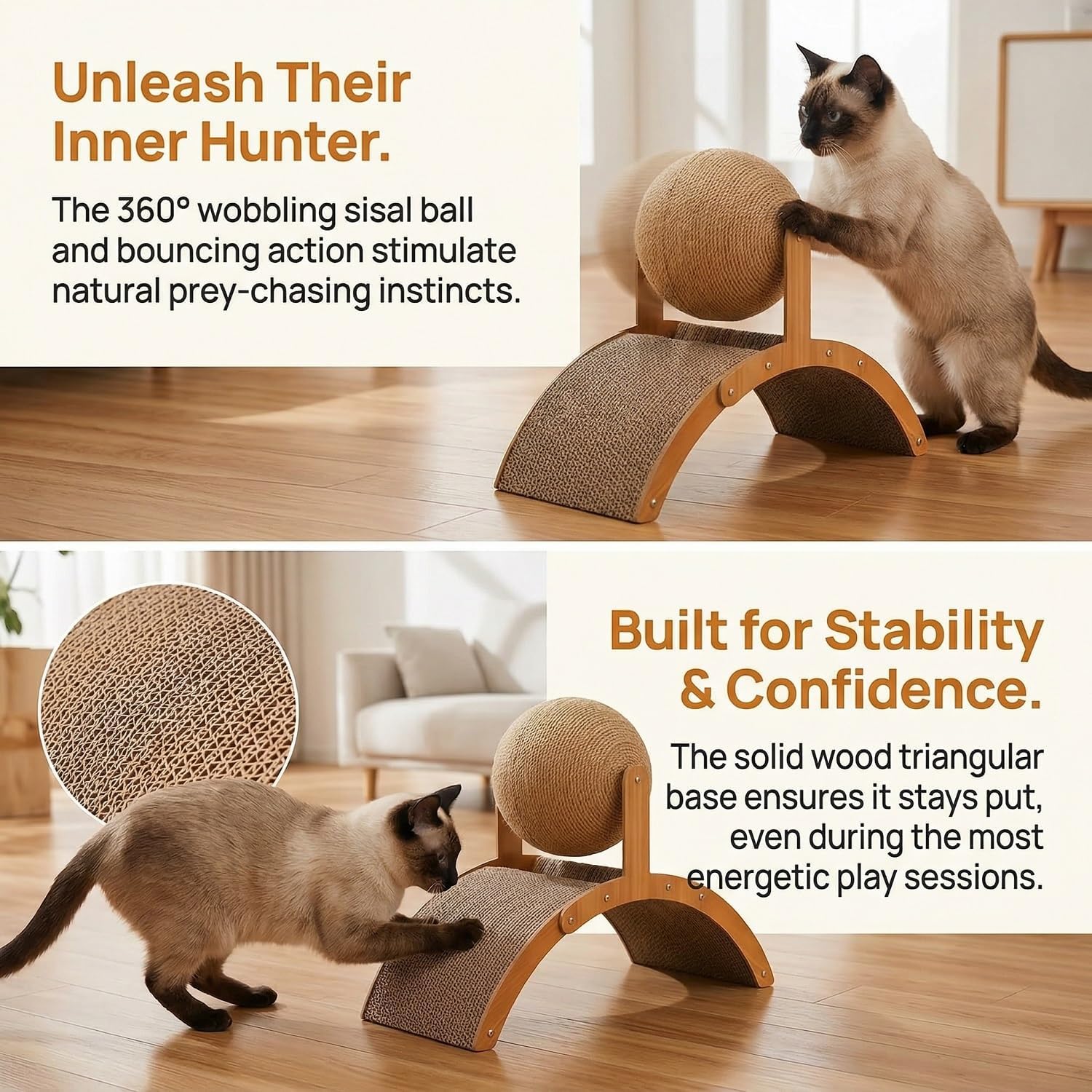 Cat Scratching Ball on Stand, Solid Wood Interactive Cat Scratcher with 360° Rotating Natural Sisal Ball, Cat Scratching Post with Arch Bridge Balls for Indoor Cats & Kittens (L)