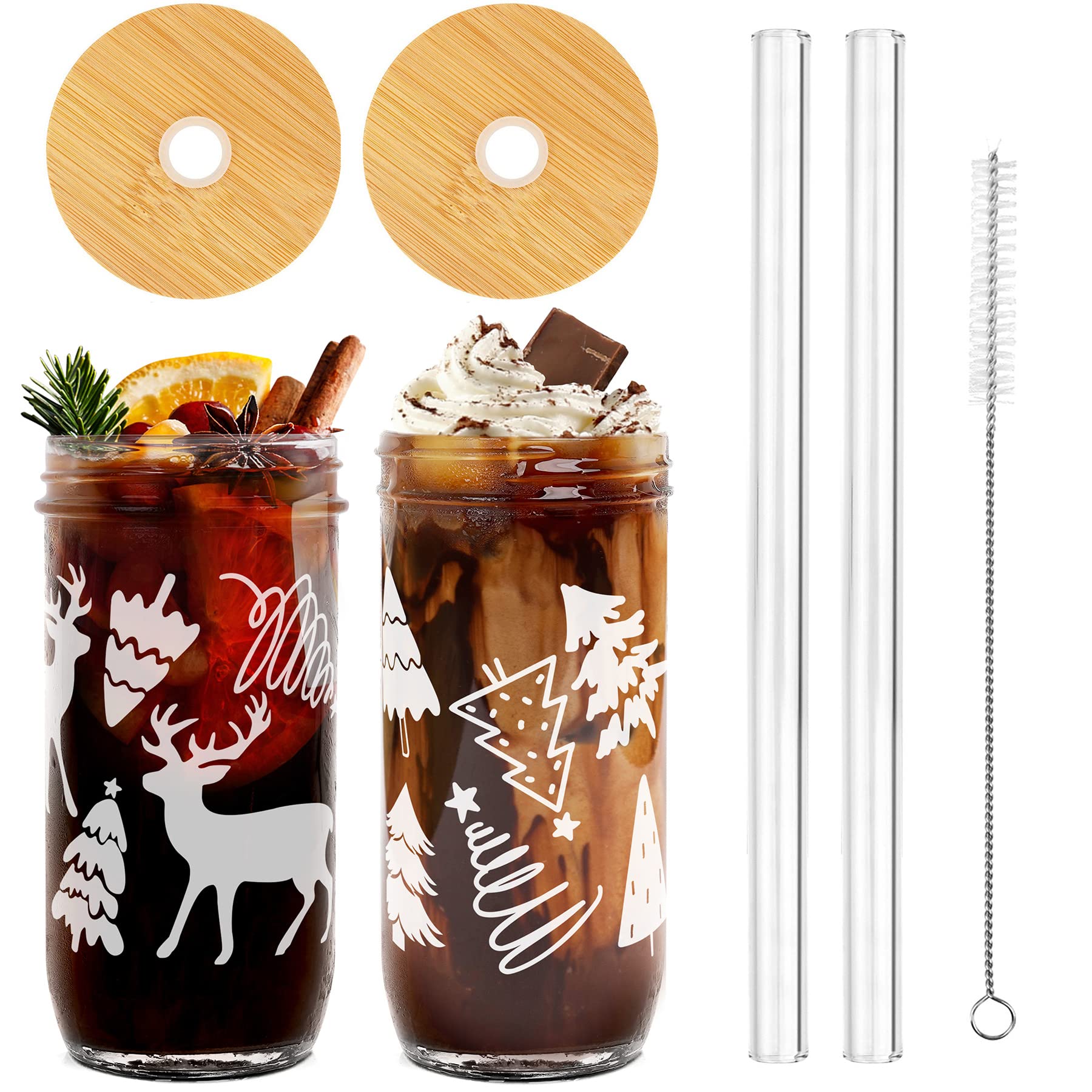 ANOTION Useful White Elephant Gifts for Adults Holiday 24oz Christmas Mugs Mason Jars Glass Cups with Lid and Straw Tumbler Drinking Glasses Coffee Cups Cookie Jar Glassware Gift for Women Men Mom