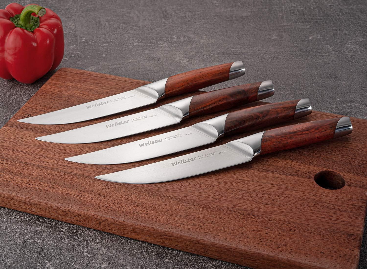 WELLSTAR Steak Knives Set of 4, Non-serrated 5 Inch Kitchen Table Knife with Razor Sharp High Carbon German Stainless Steel Forged Blade and Natural Rosewood Handle in Gift Box, V-Style Series