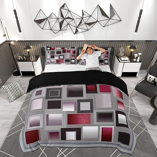 Miniatura 50 de Funda de edredón abstracta de color negro y morado, tamaño Queen, funda de edredón de geometría moderna con 2 fundas de almohada para adolescentes