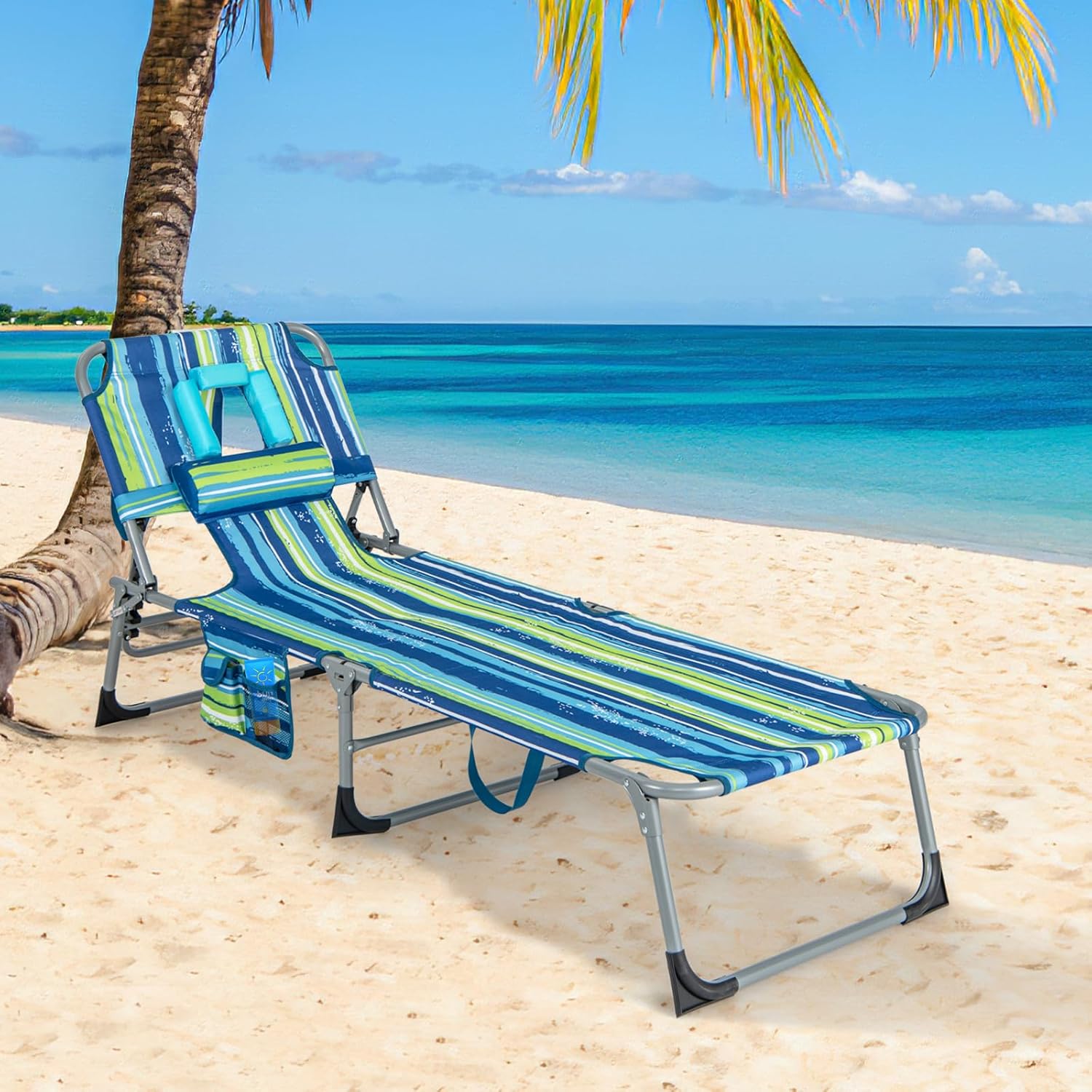 Moccha Folding Tanning Chair, Beach Lounger with Face Hole, 5-Position Adjustable Backrest, Side Pocket, Removable Pillow, Portable Bench Lounge Chairs for Outside Patio Pool Lawn (1, Stripe)