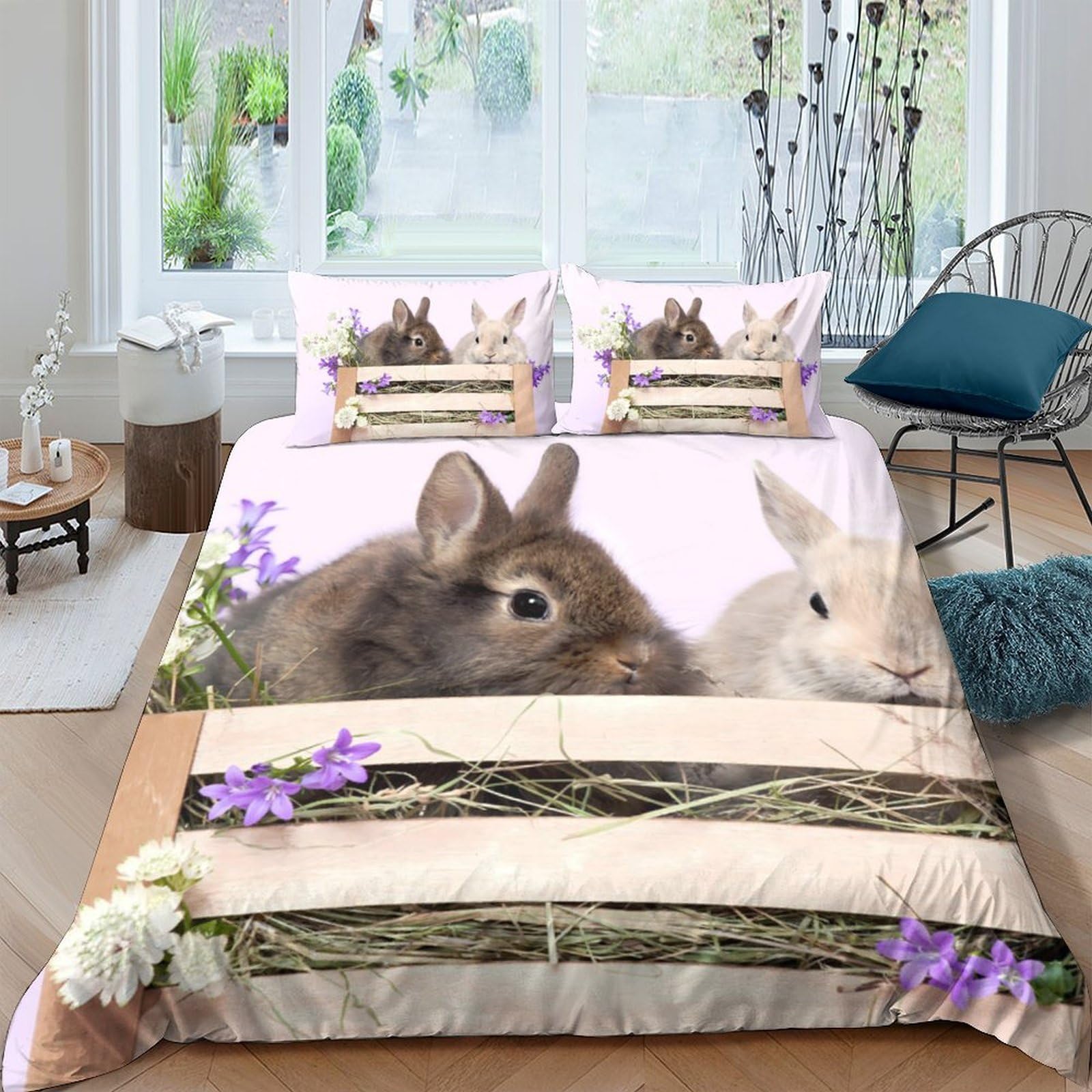 Ctjqhvkz Style-10 3D Printed Brown Bunny Fitted Sheet Microfiber Soft Floral White Rabbit Mattress Cover Bedroom Decor Single（135X200cm）