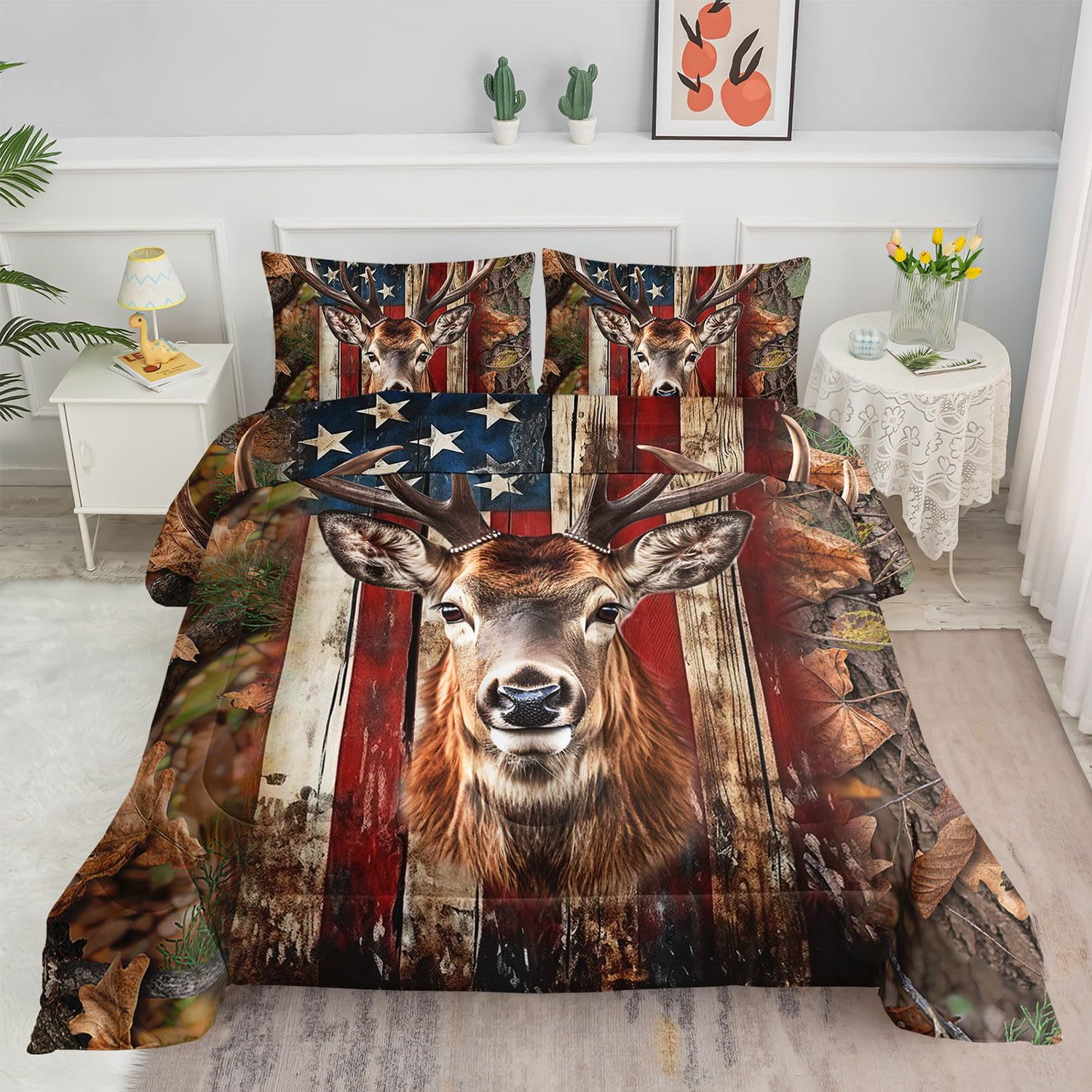 Kids Comforter Set American Flag Deer Printed Pattern Bedding Set with 1 Comforter and 2 Pillowcases for Girls Boys Bedroom All Season(American Flag Deer03 Full)