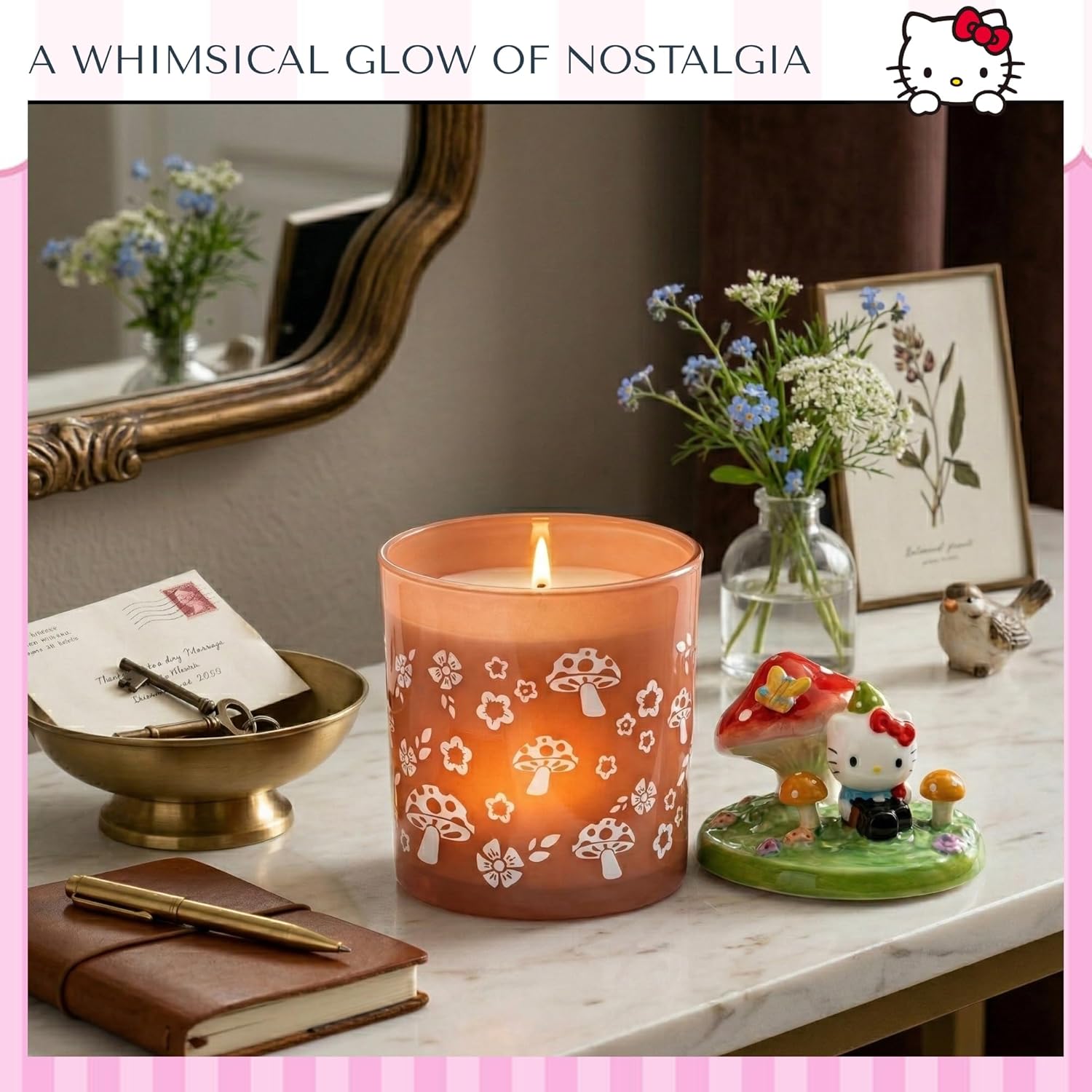 Blue Sky Clayworks Hello Kitty Lidded Glass Candle, Ceramic, 4" L x 4" W x 7" H, Mushroom Meadow Keepsake Glow